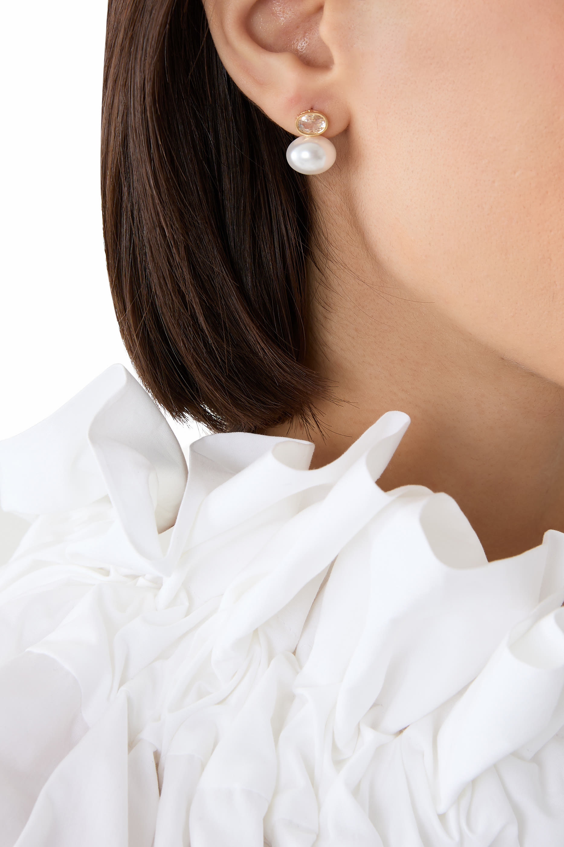 Bezel Pearl Drop Earrings, 14k Vermeil on Sterling Silver & Freshwater Pearl