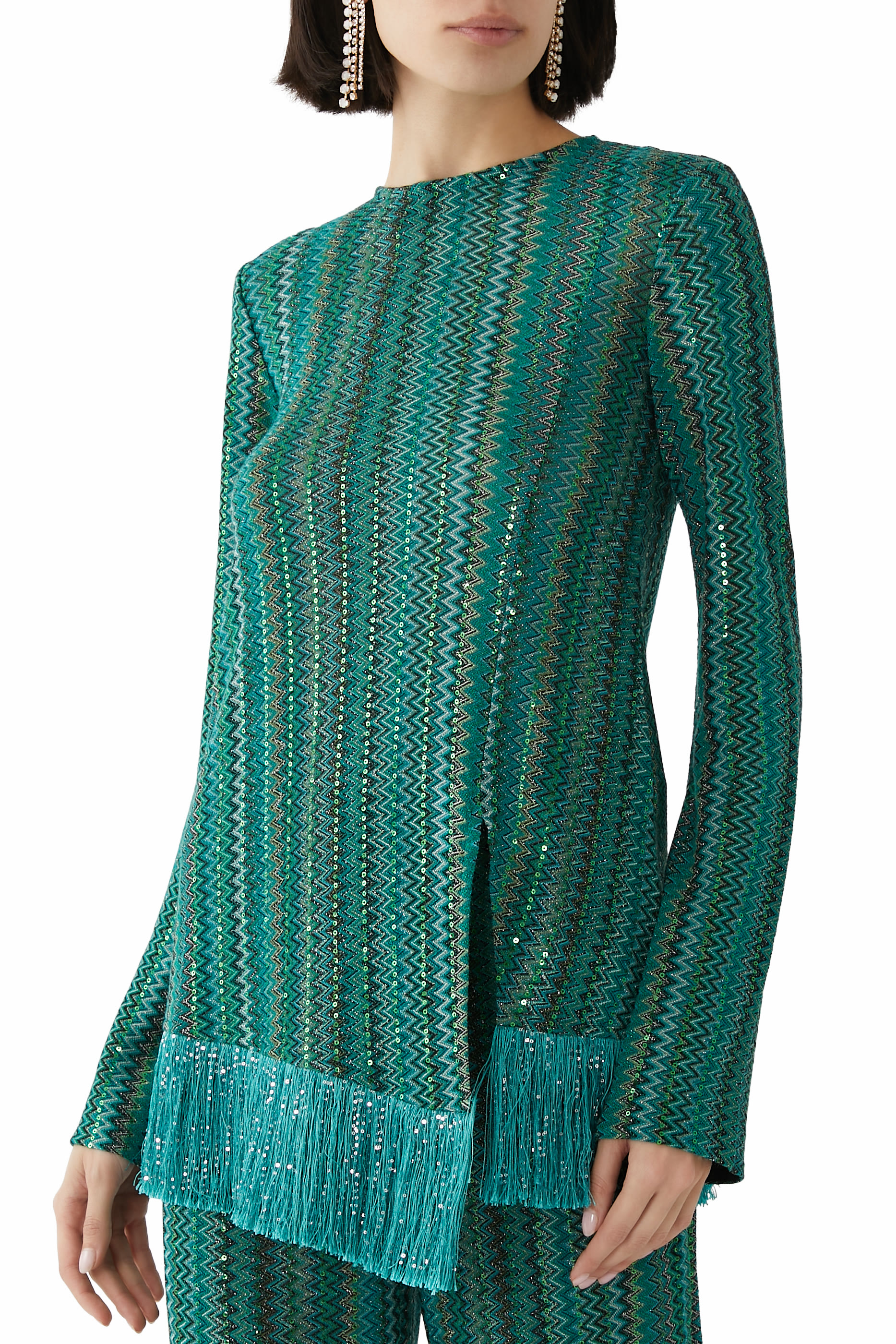 Exclusive Chevron Raschel Sequinned Asymmetrical Fringed Top