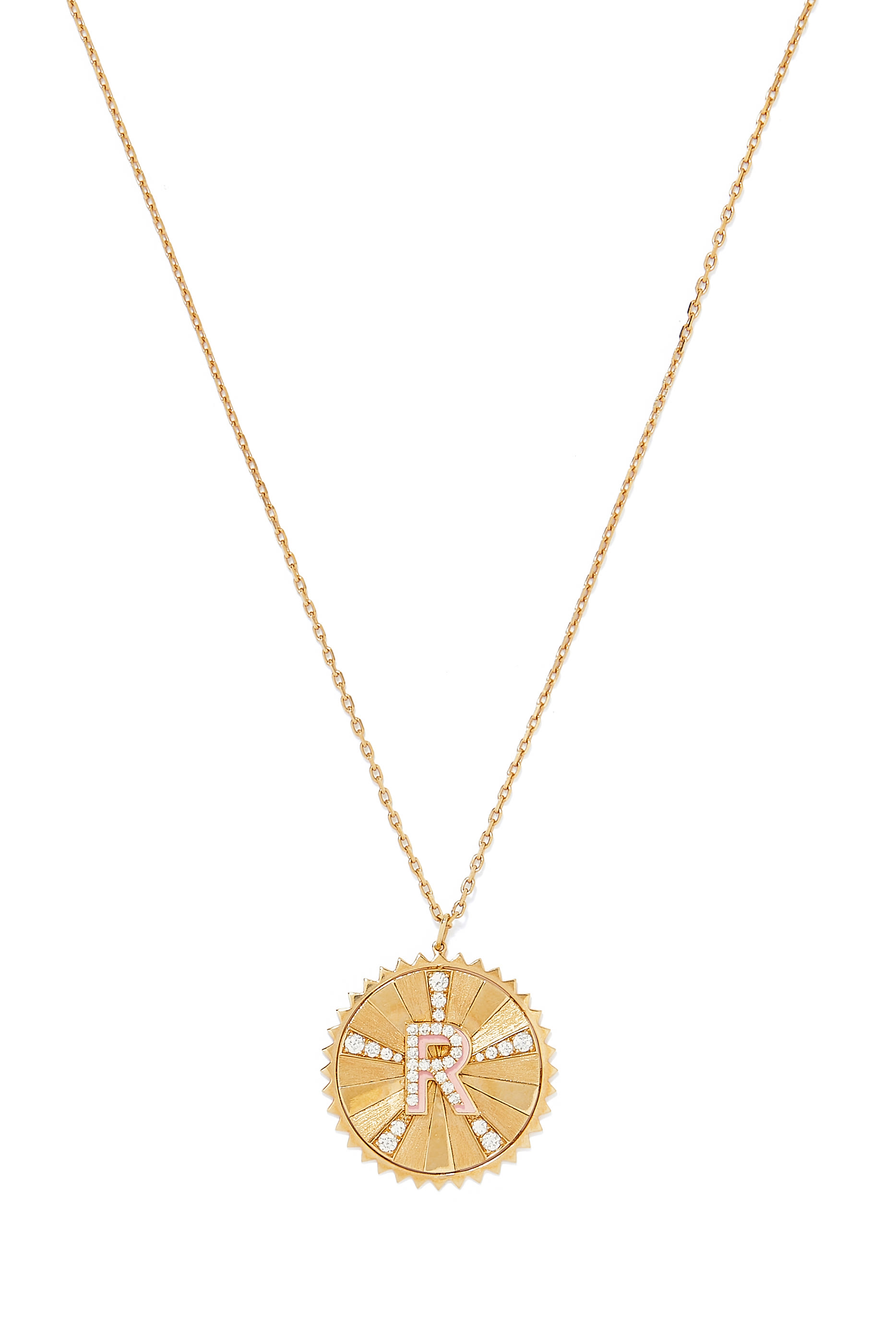 Letter R Coin Necklace, 18K Gold & Diamond