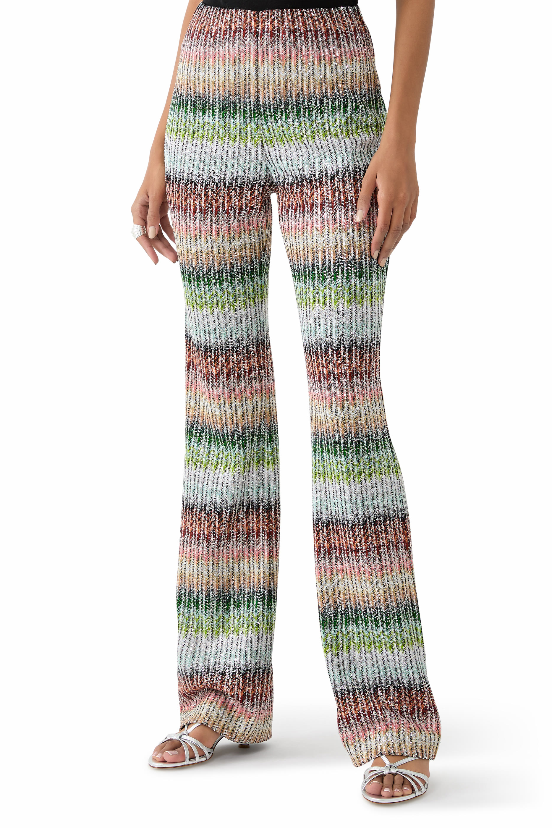 Flared Trousers in Gradient Zig Zag Knit with Sequins
