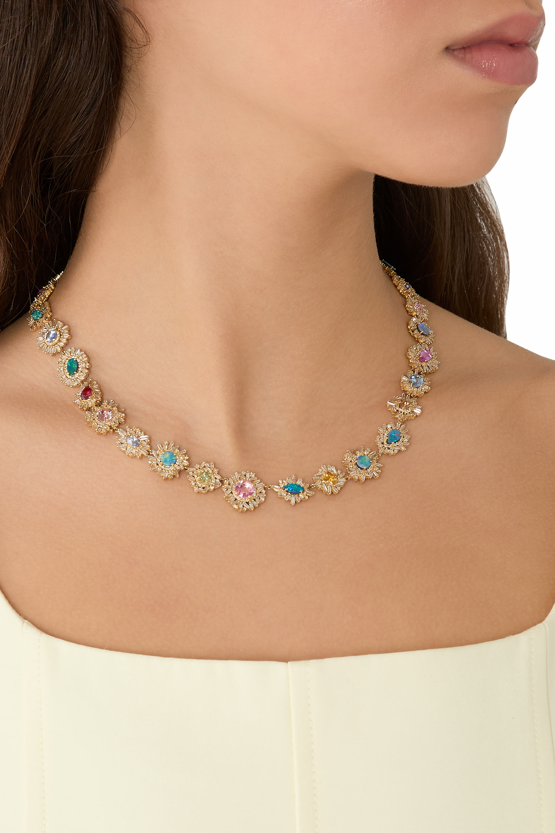 One-of-a-Kind Pastel Flower Riviere Necklace, 18k Yellow Gold & Opal, Sapphire, Diamonds
