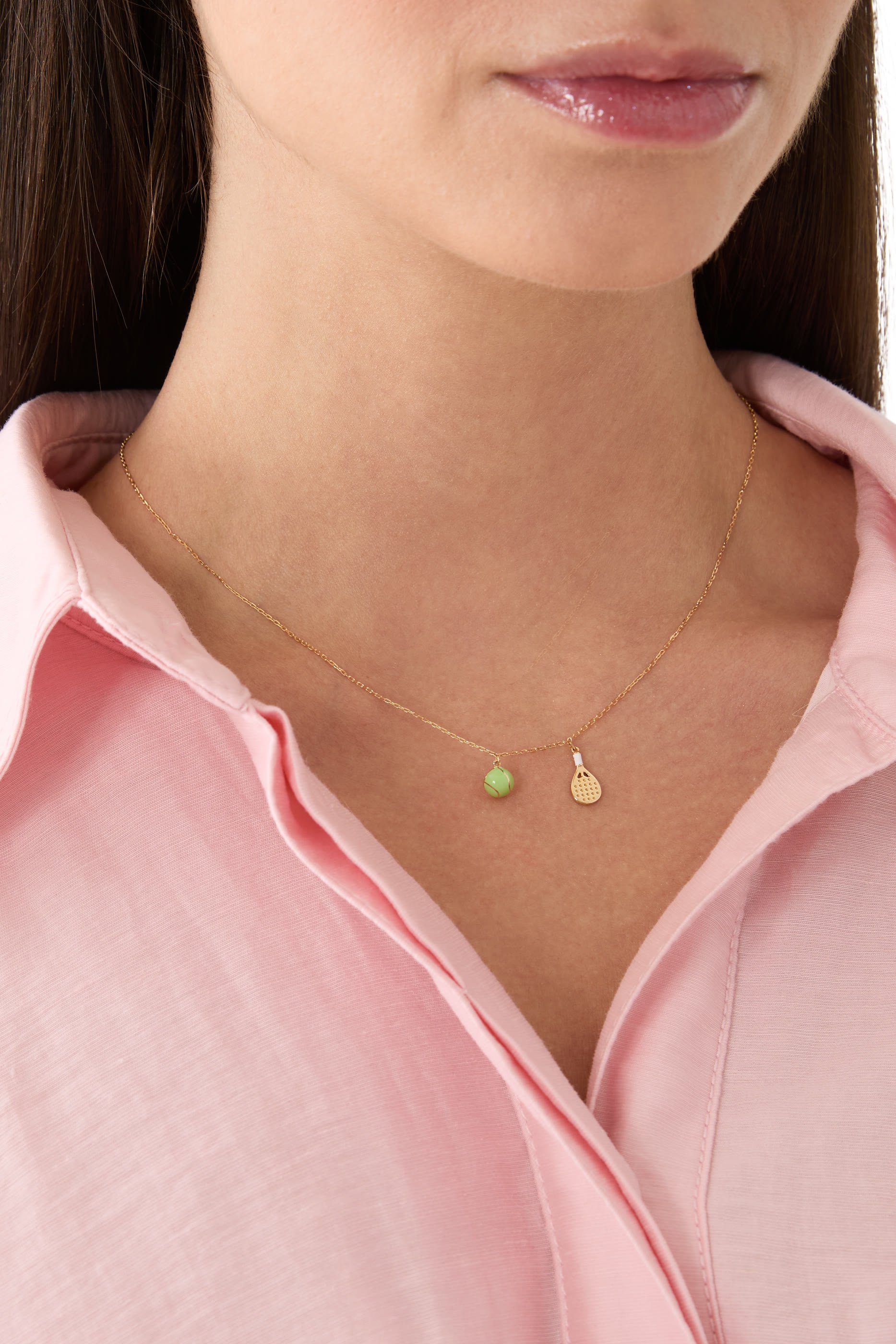 Padel and Ball Mini Necklace, 18K Yellow Gold & Enamel