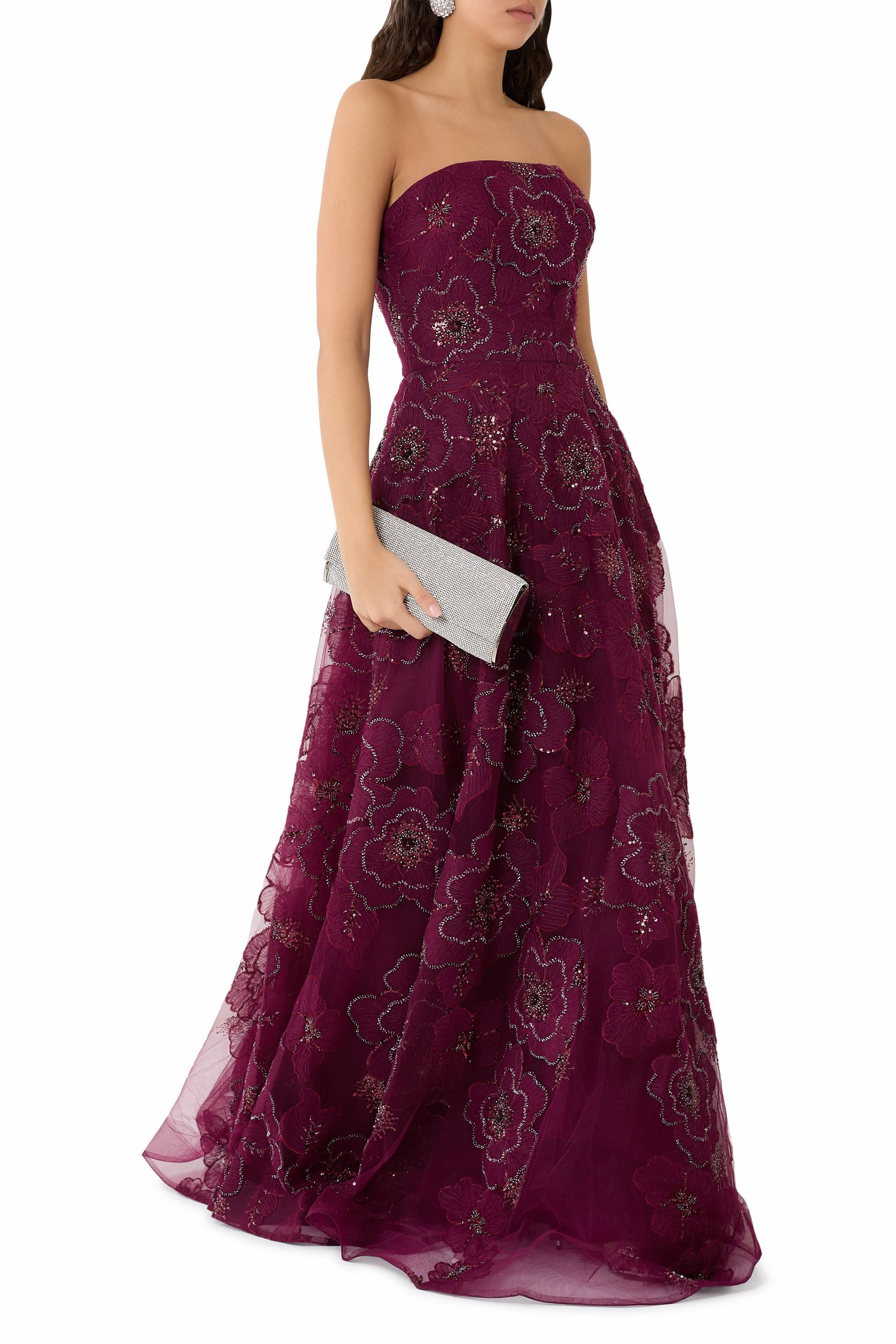 Strapless Ball Gown with Beaded Floral Appliqués 