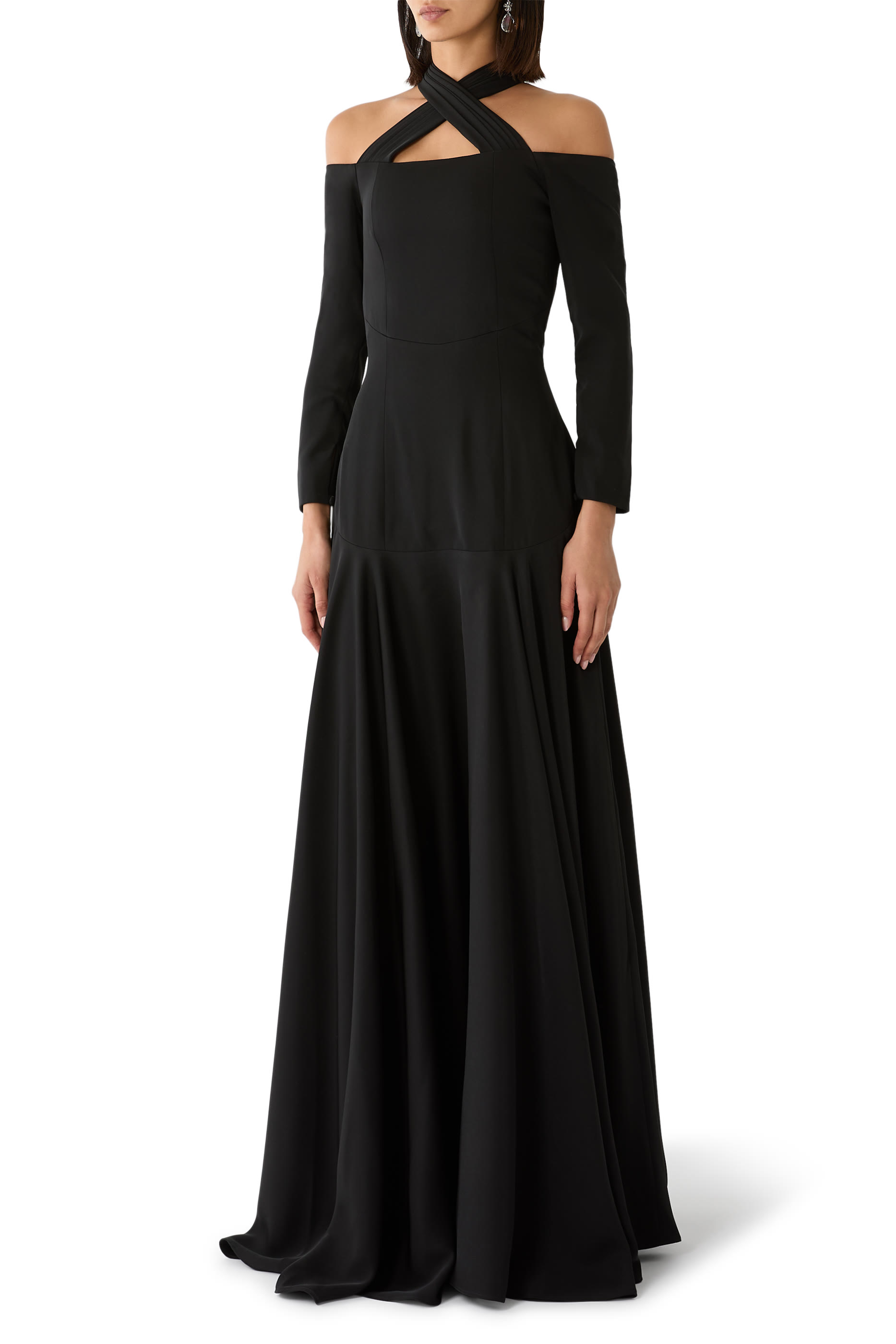 Off-Shoulder Criss-Cross Halter Ballgown