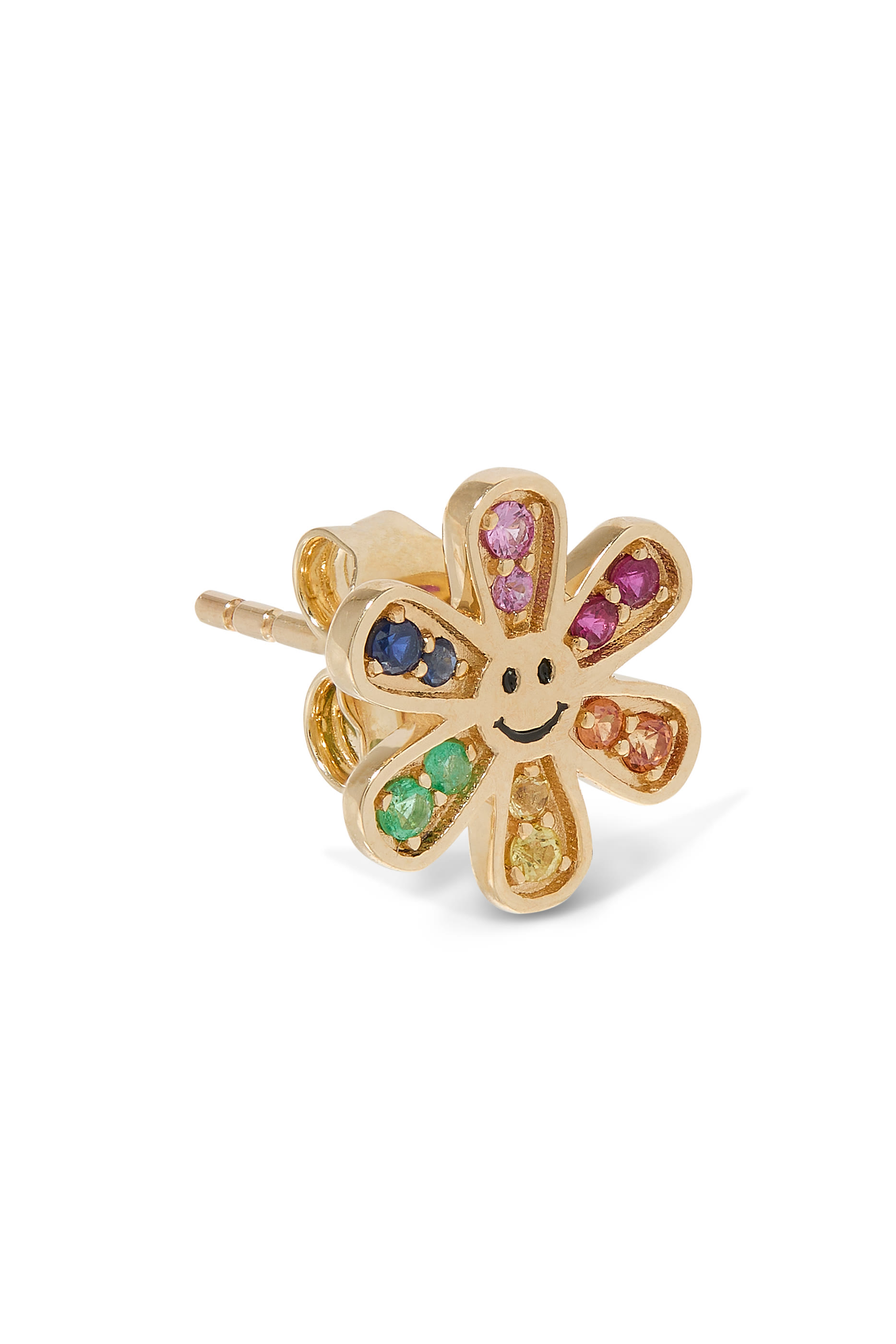 Kids Daisy Happy Face Studs, 14K Yellow Gold &  Diamonds