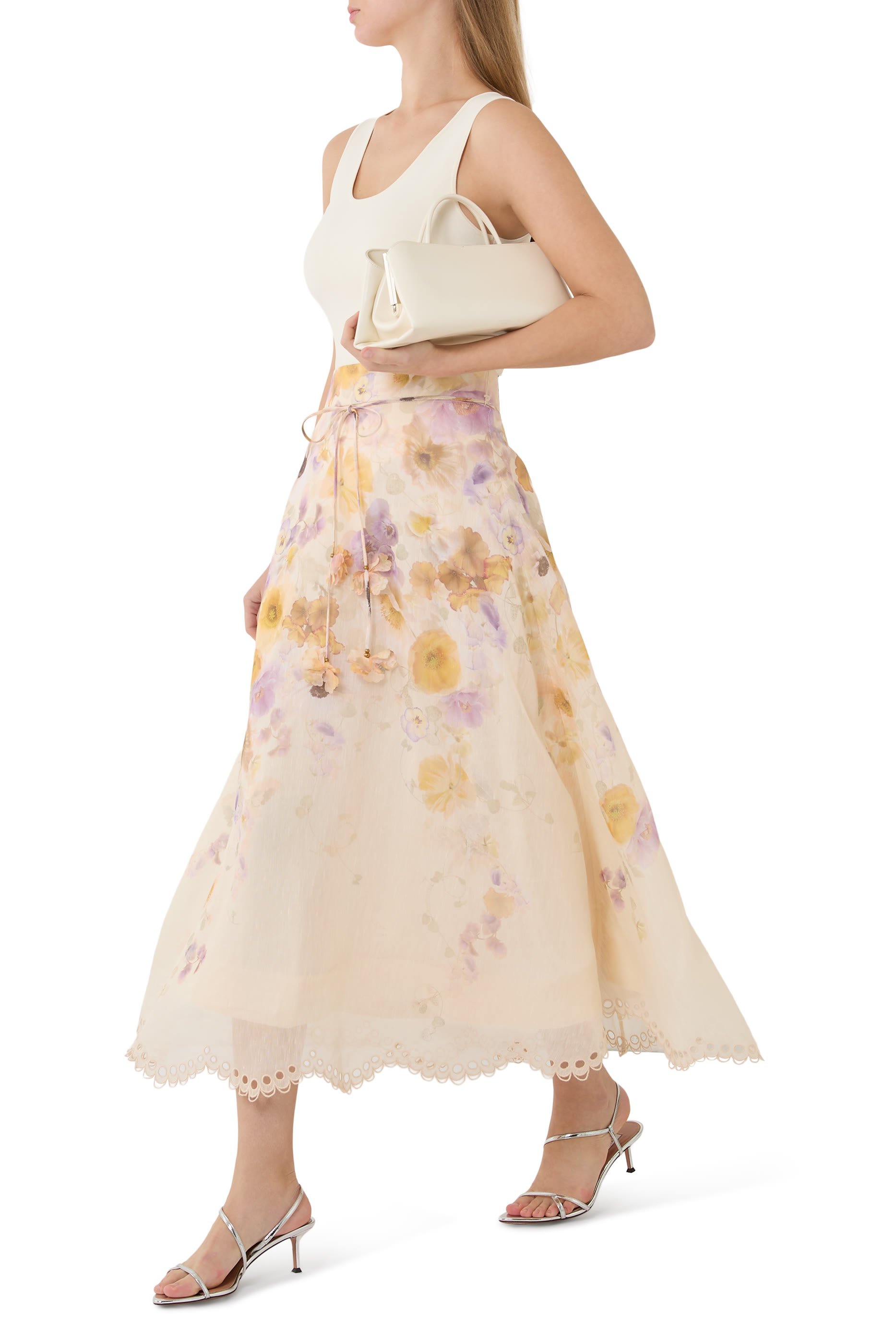 Floral Print Silk Midi Skirt