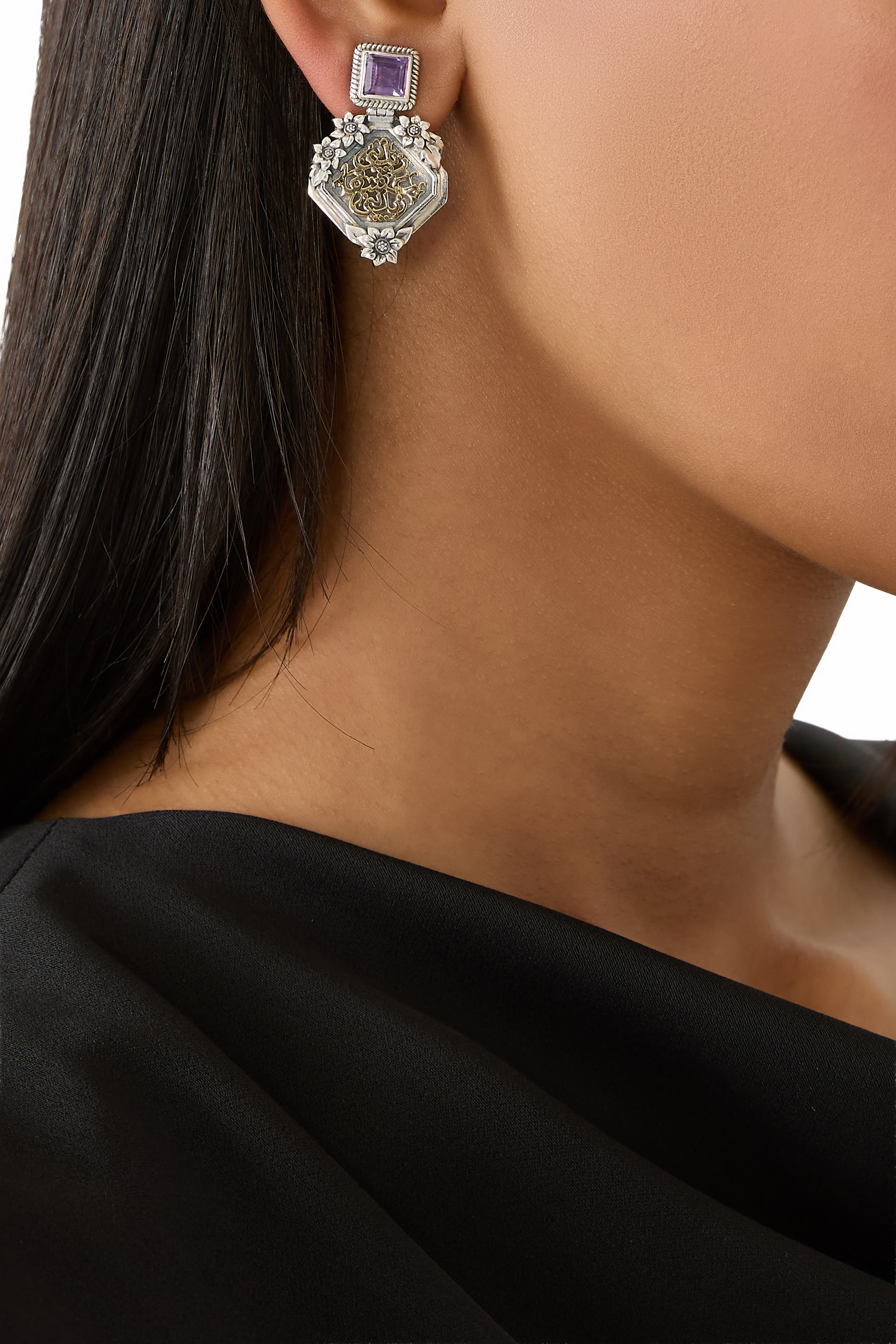 Nizar Qabbani Earrings, 18K Yellow Gold, Sterling Silver & Garnet