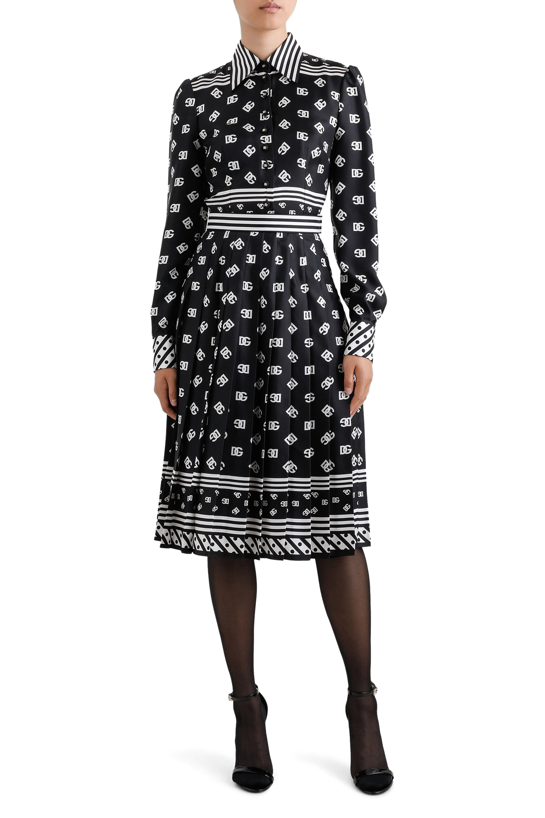 Twill Calf-Length Shirt Dress with All-Over DG Logo Print