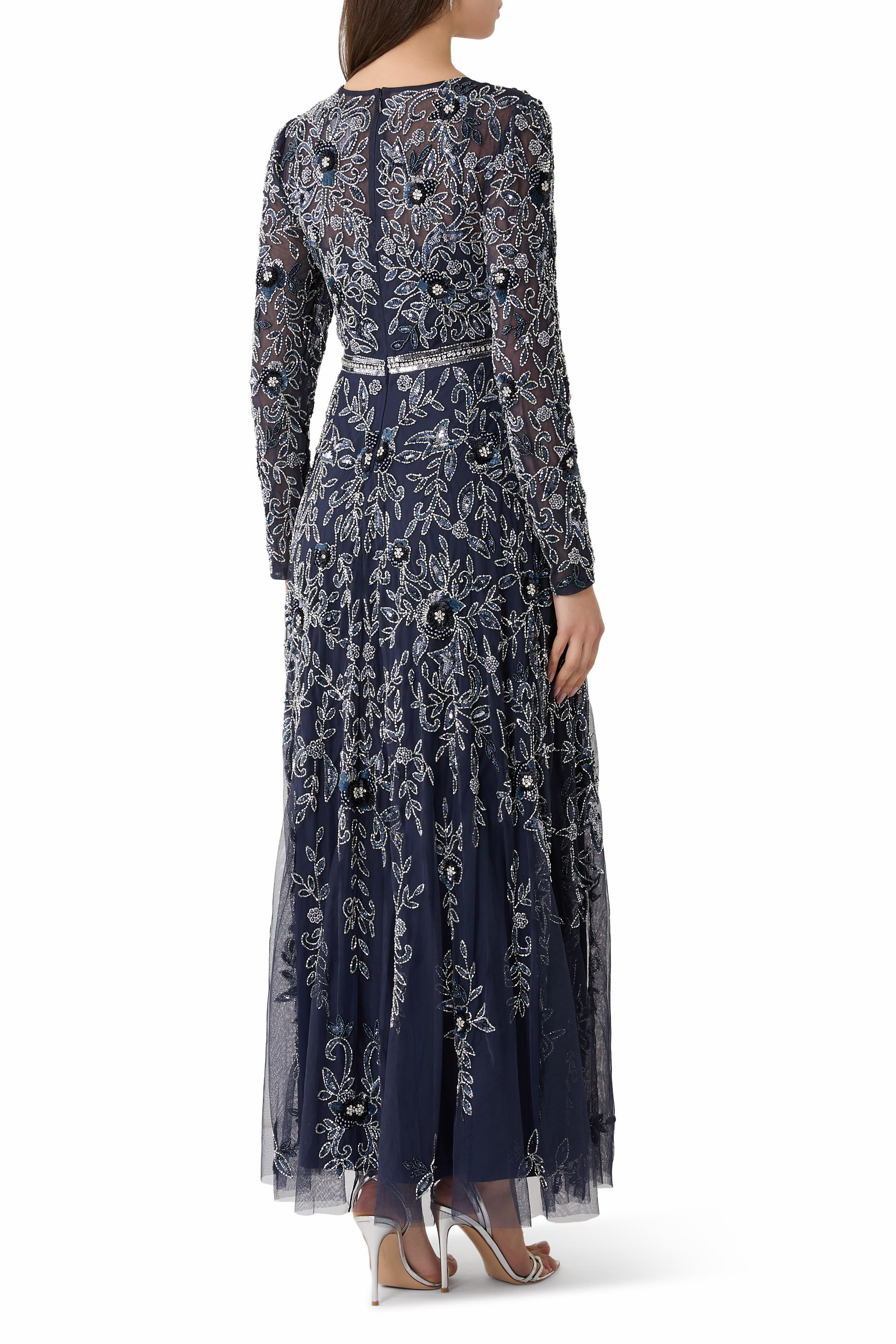 Floral Embellished A-Line Long Sleeves Gown