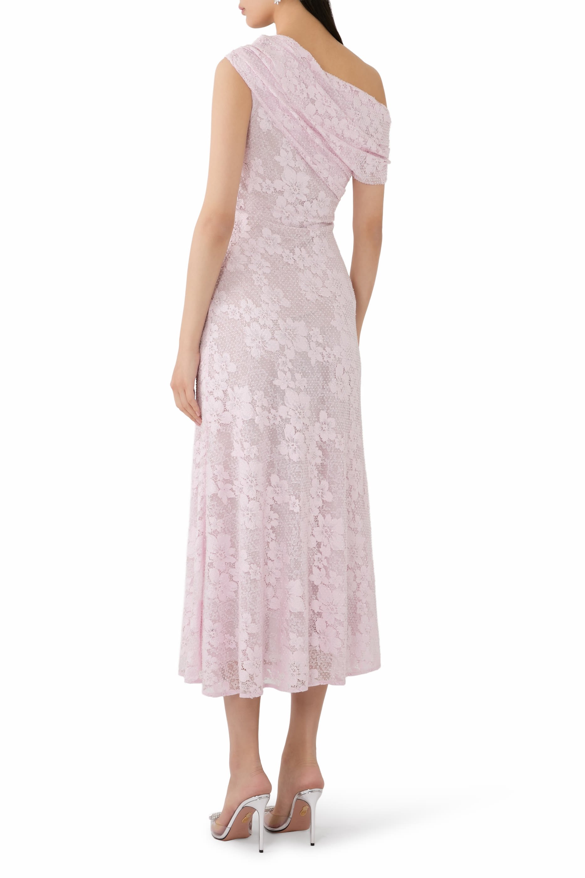 Rhinestone Lace Asymmetric Midi Dress