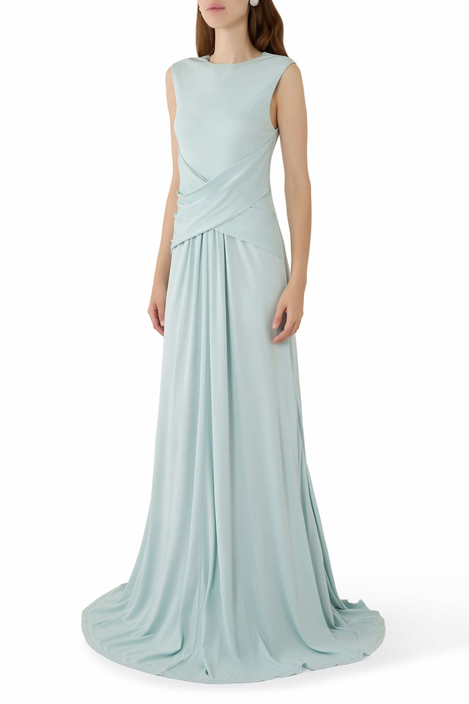  Waterfall Cross Drape Jersey Gown 