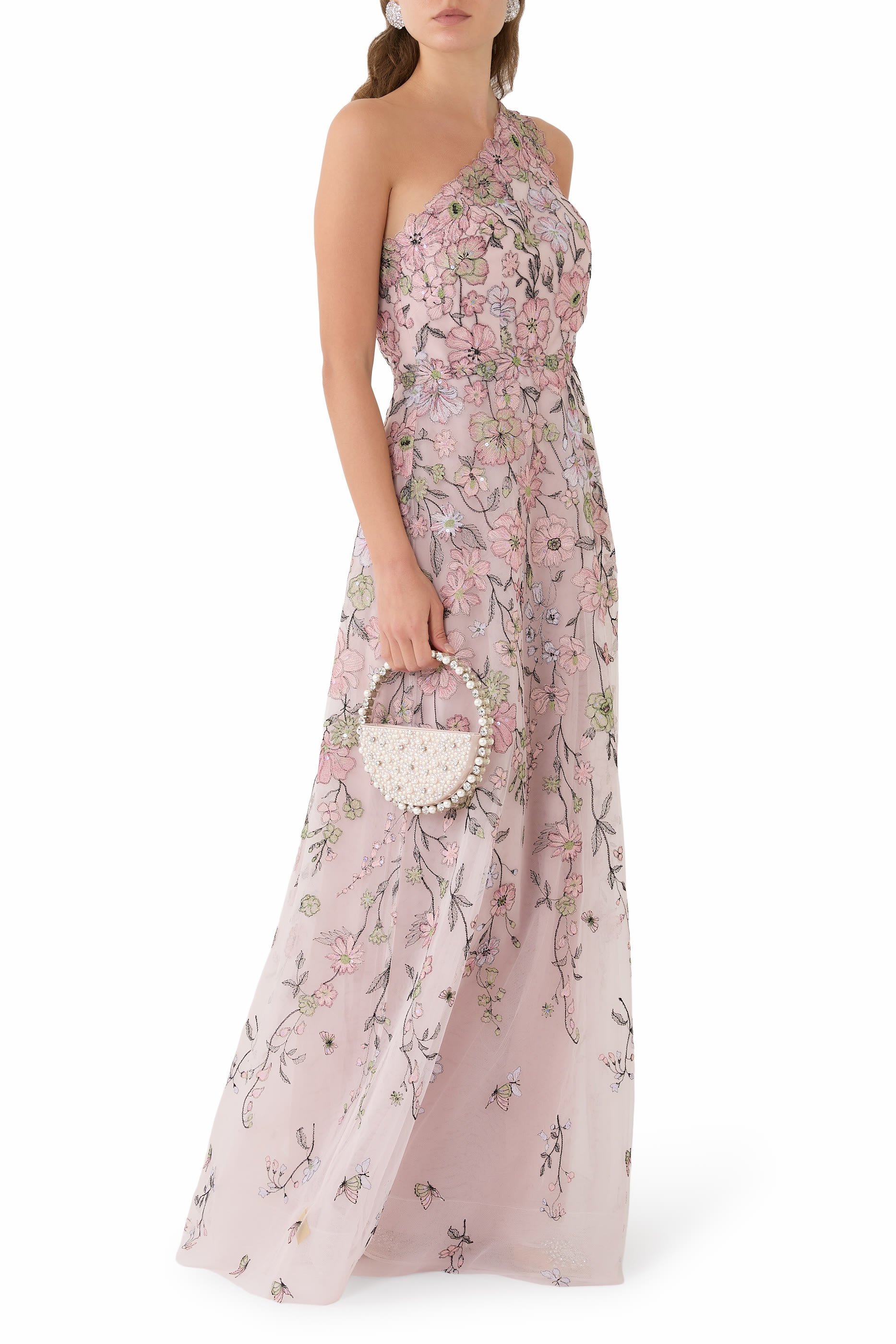 Floral Embroidered Tulle One-Shoulder Gown
