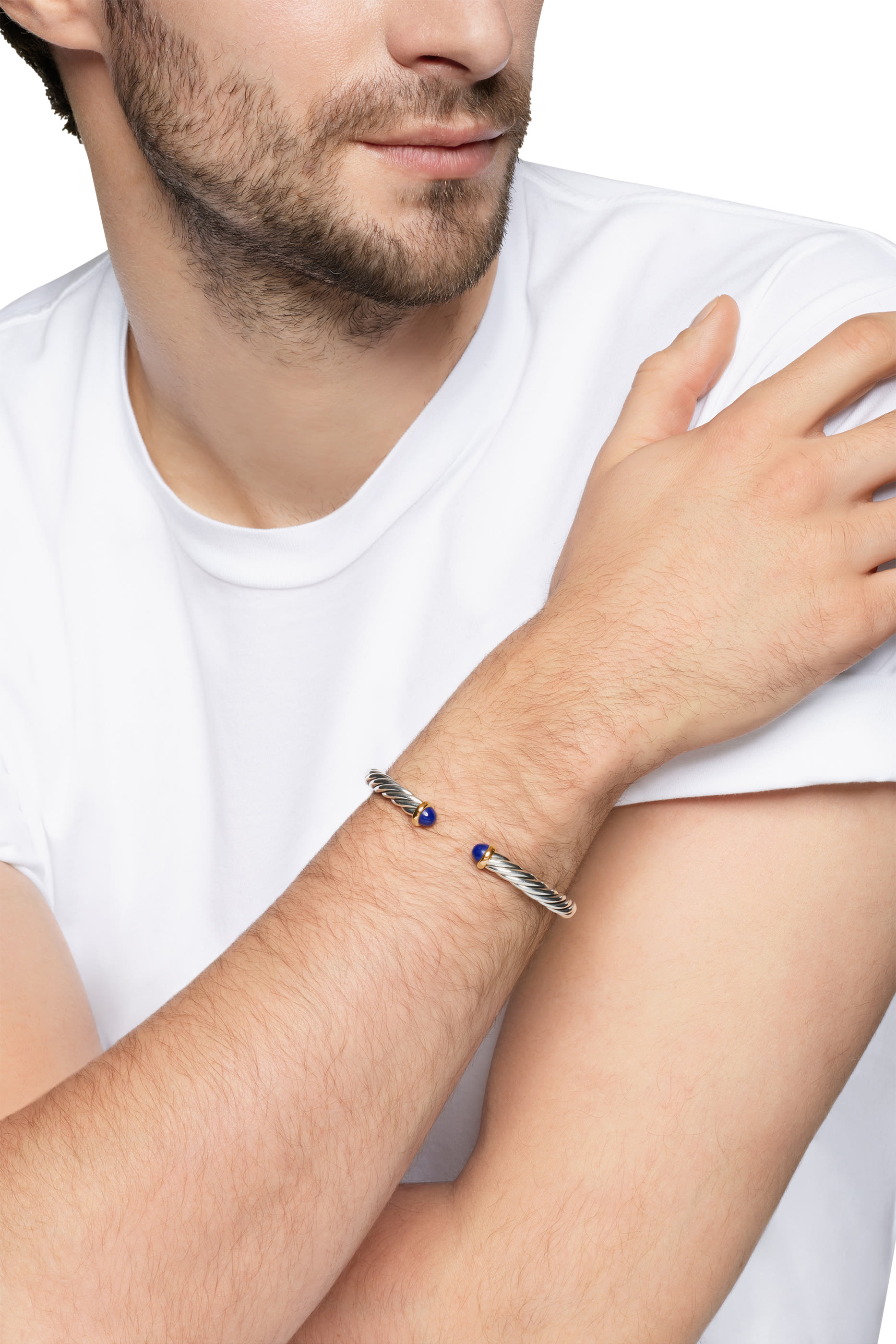 Cable Cuff Bracelet, Sterling Silver with 14k Yellow Gold & Lapis