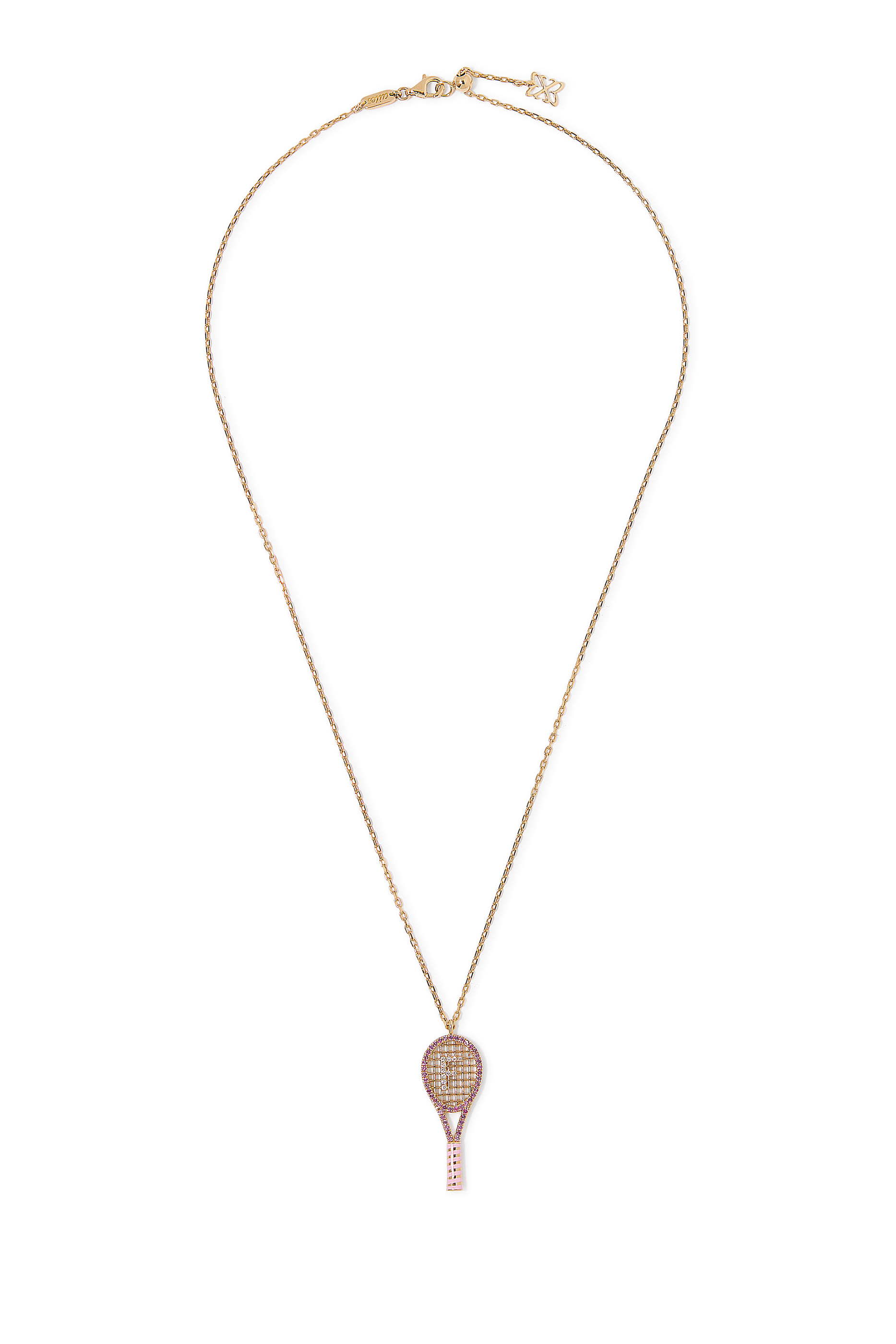 Letter 'F' Tennis Racket Necklace,  18K Yellow Gold with Diamonds & Sapphires