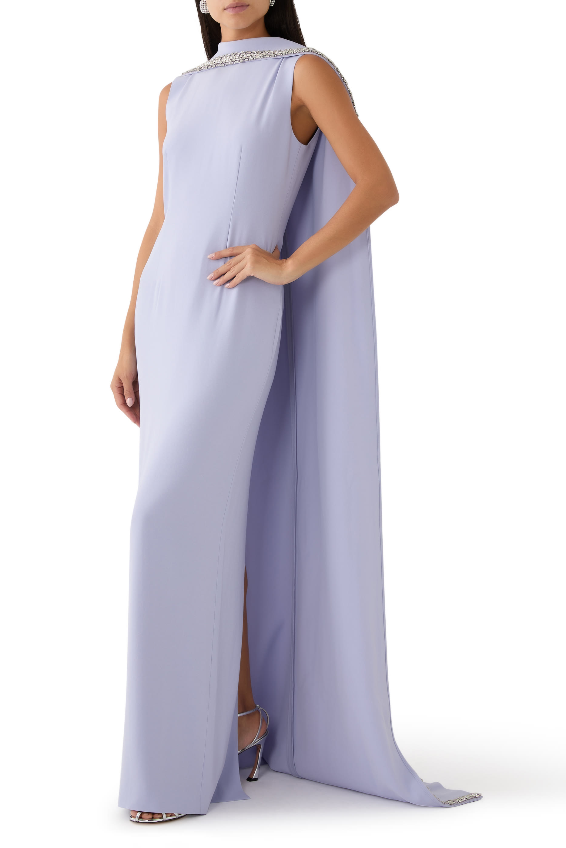 Embellished Cape Satin Crepe Gown