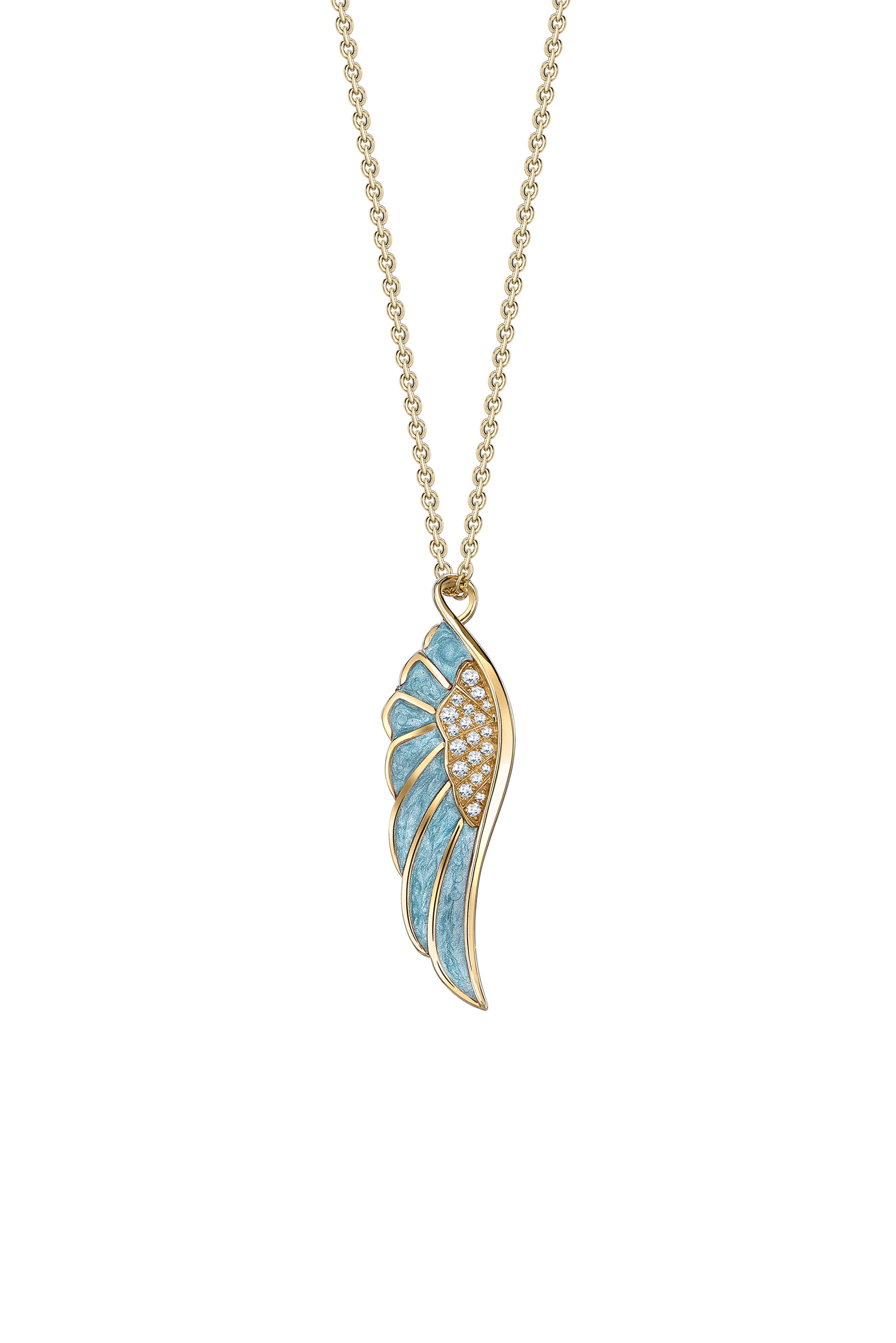 Wings Reflection Summer Pendant, 18K Yellow Gold with Diamonds & Blue Enamel