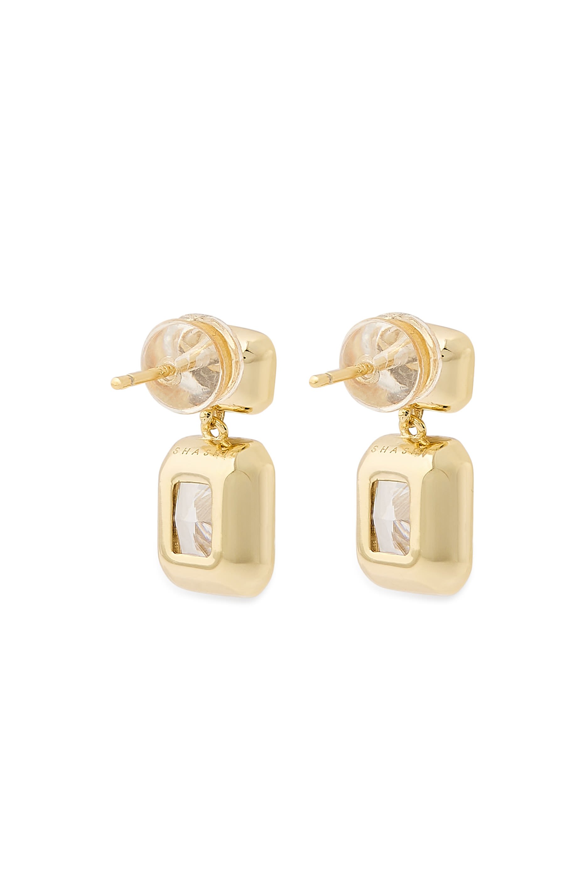 Emerald Baguette Drop Earrings, 14k Vermeil on Sterling Silver & Crushed Ice CZ