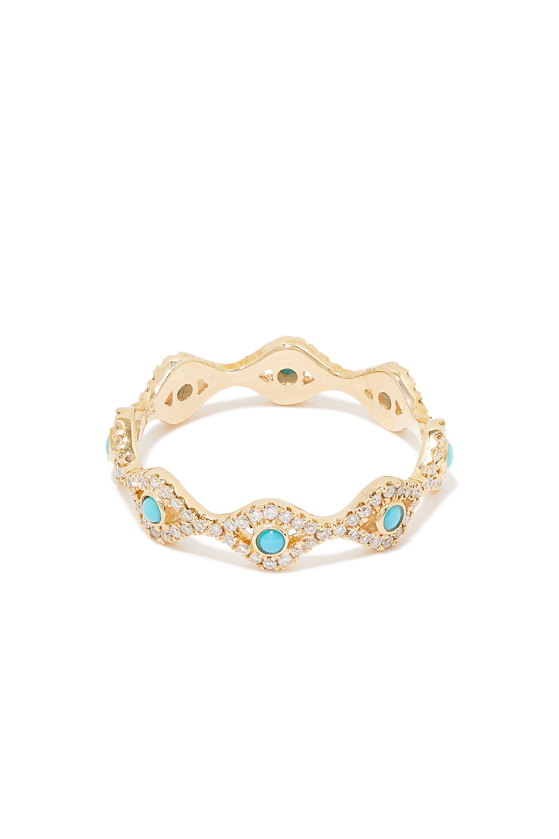 Gold & Diamond Small Bezel Evil Eye Eternity Ring With Turquoise