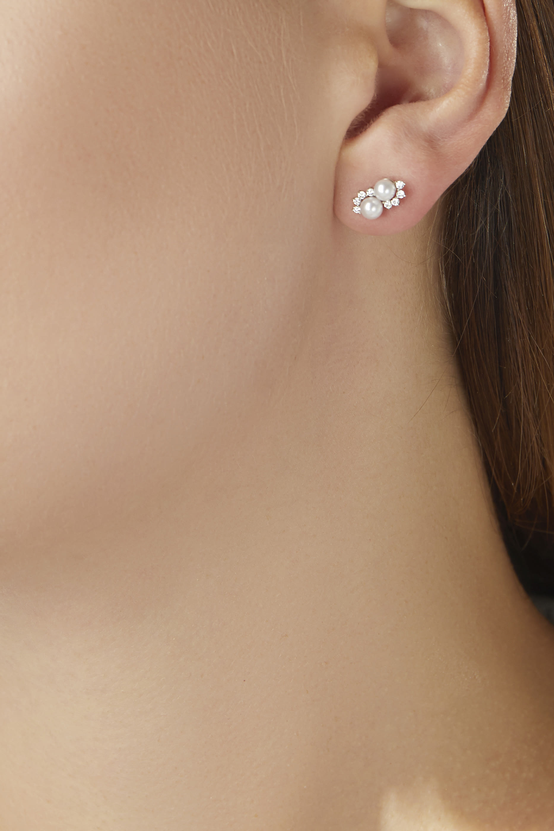 Sleek Stud Earrings, 18k White Gold, Diamond & Pearl