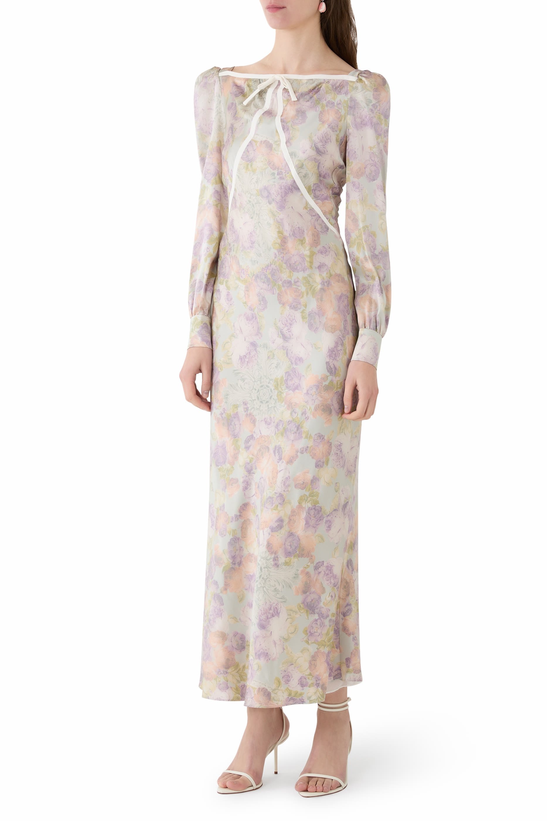 Print Silk Satin Midi Dress with Bow 