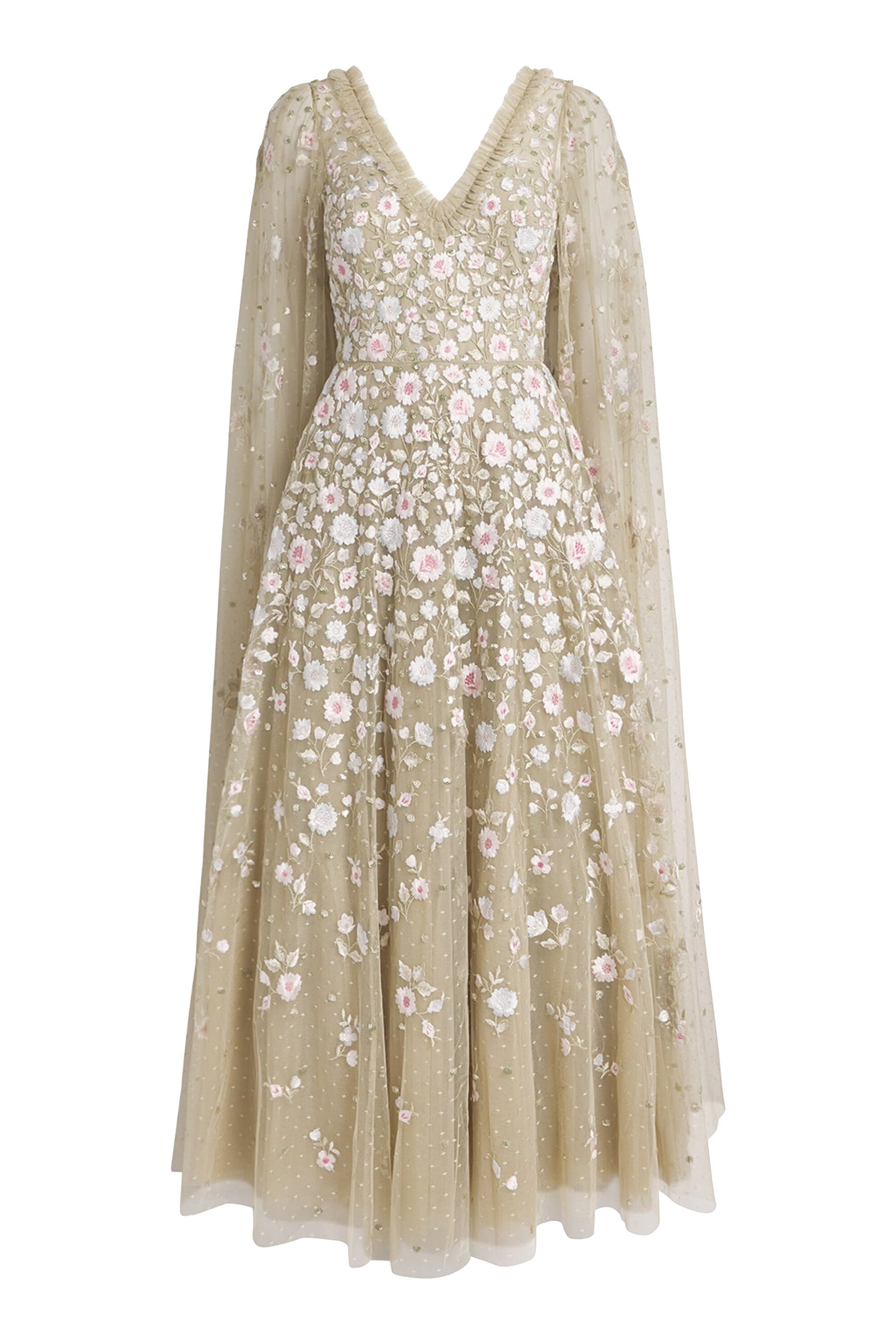 Cape-Detail Ethereal Blooms Maxi Dress