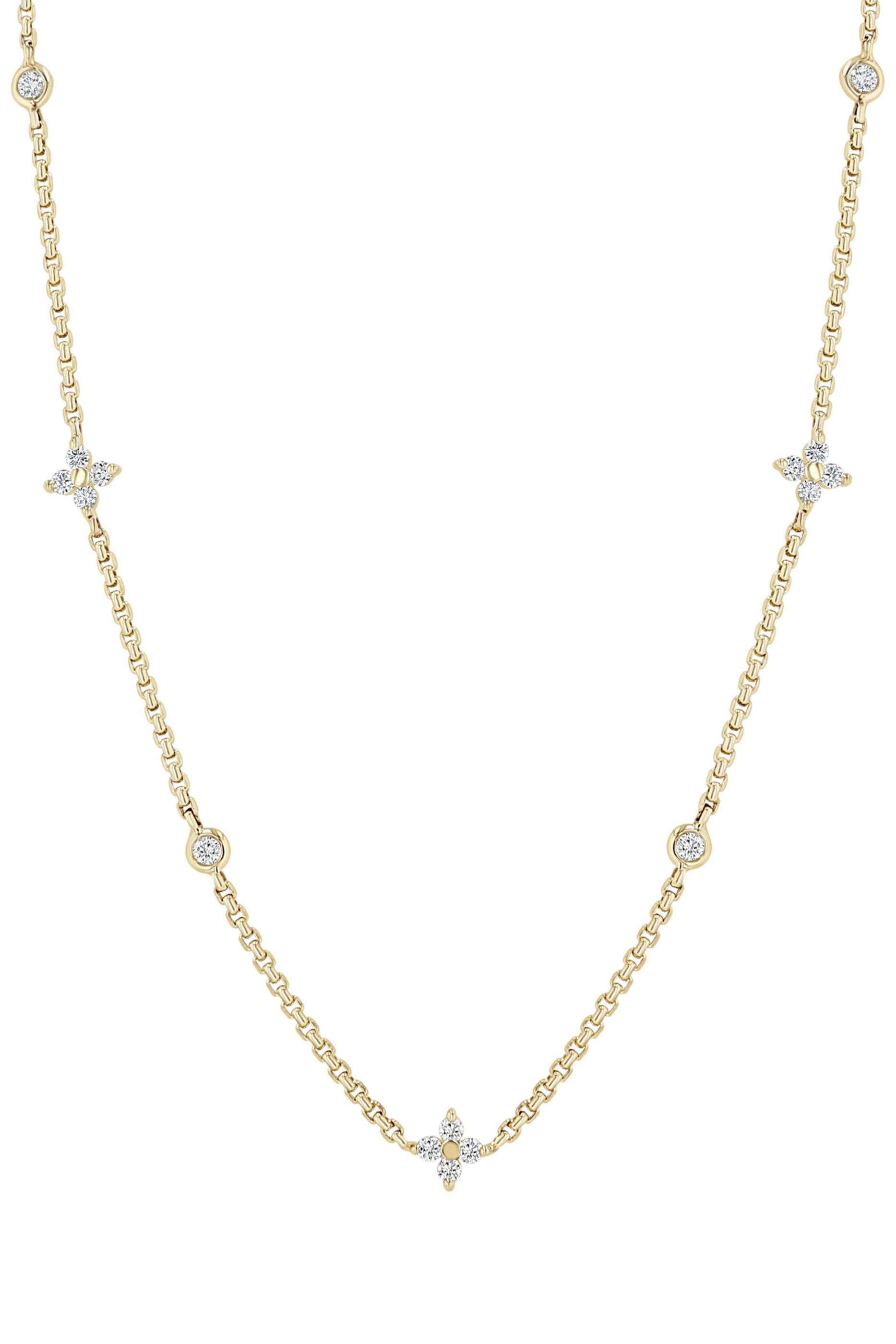 Prong Quad & Floating Extra Small Box Chain Necklace, 14K Gold & Diamonds