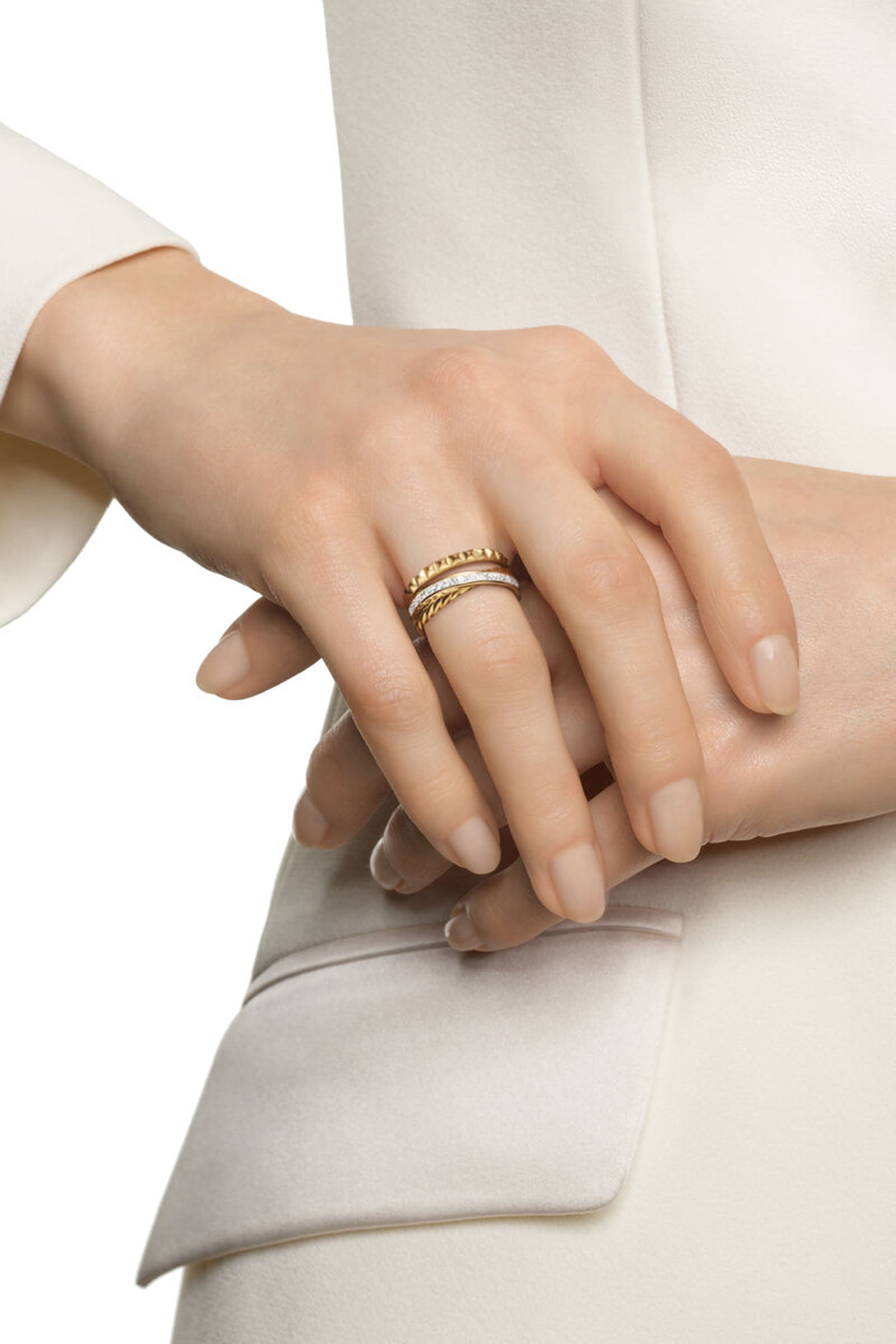 Crossover Trio Three Row Ring, 18K Yellow Gold & Diamonds