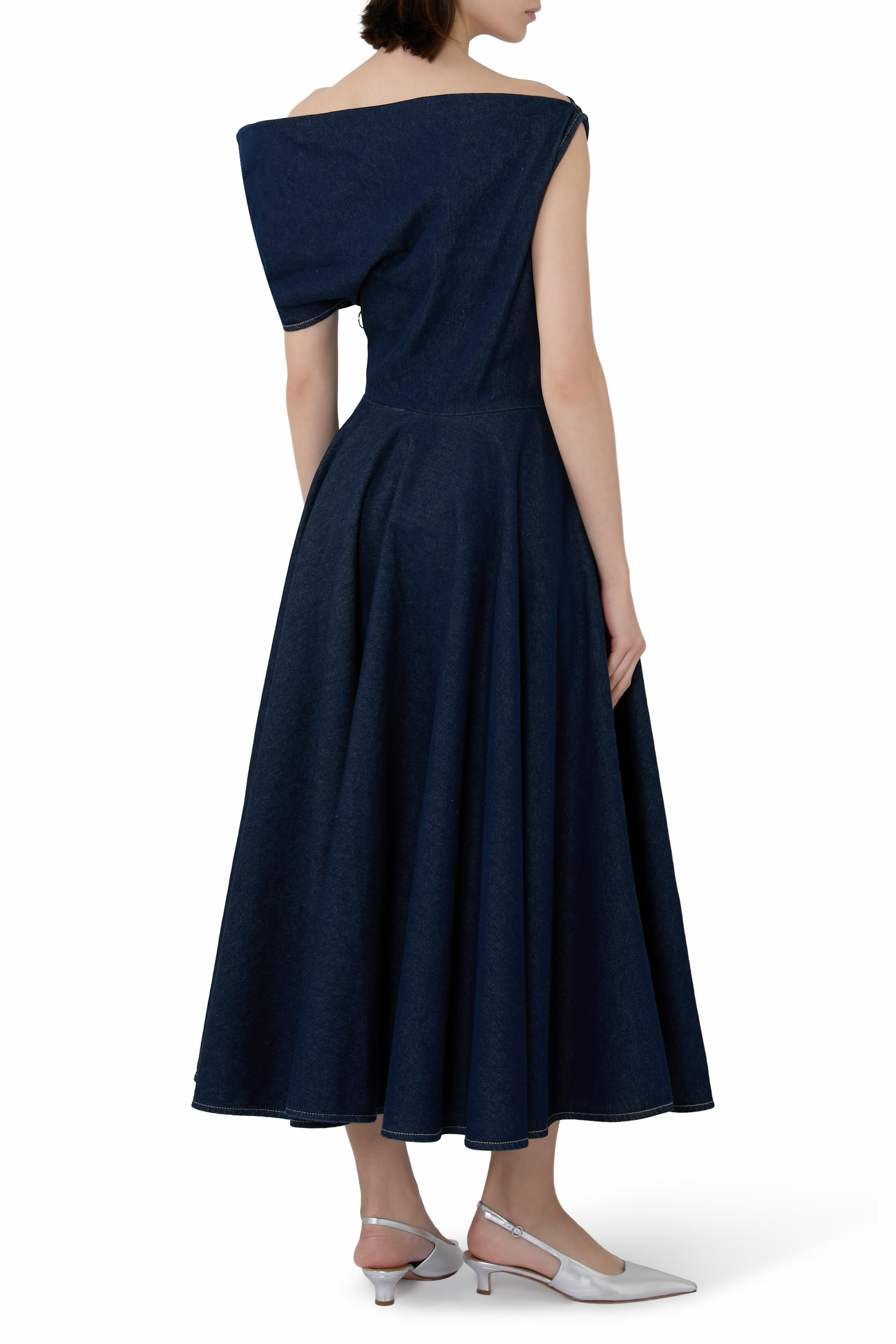 Indigo Denim Off-Shoulder Midi Dress 