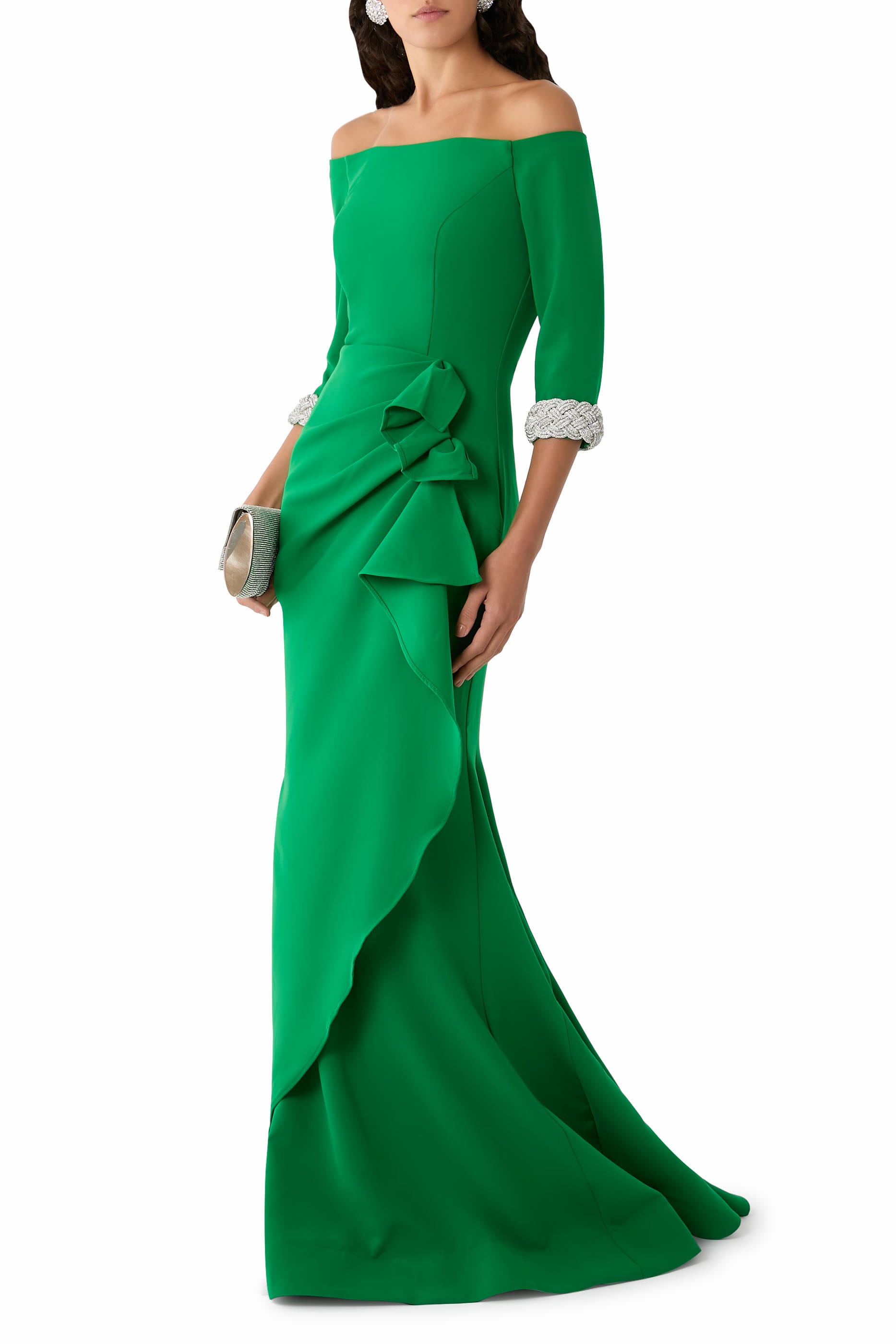 Off-Shoulder Gown with Beaded Cuffs 