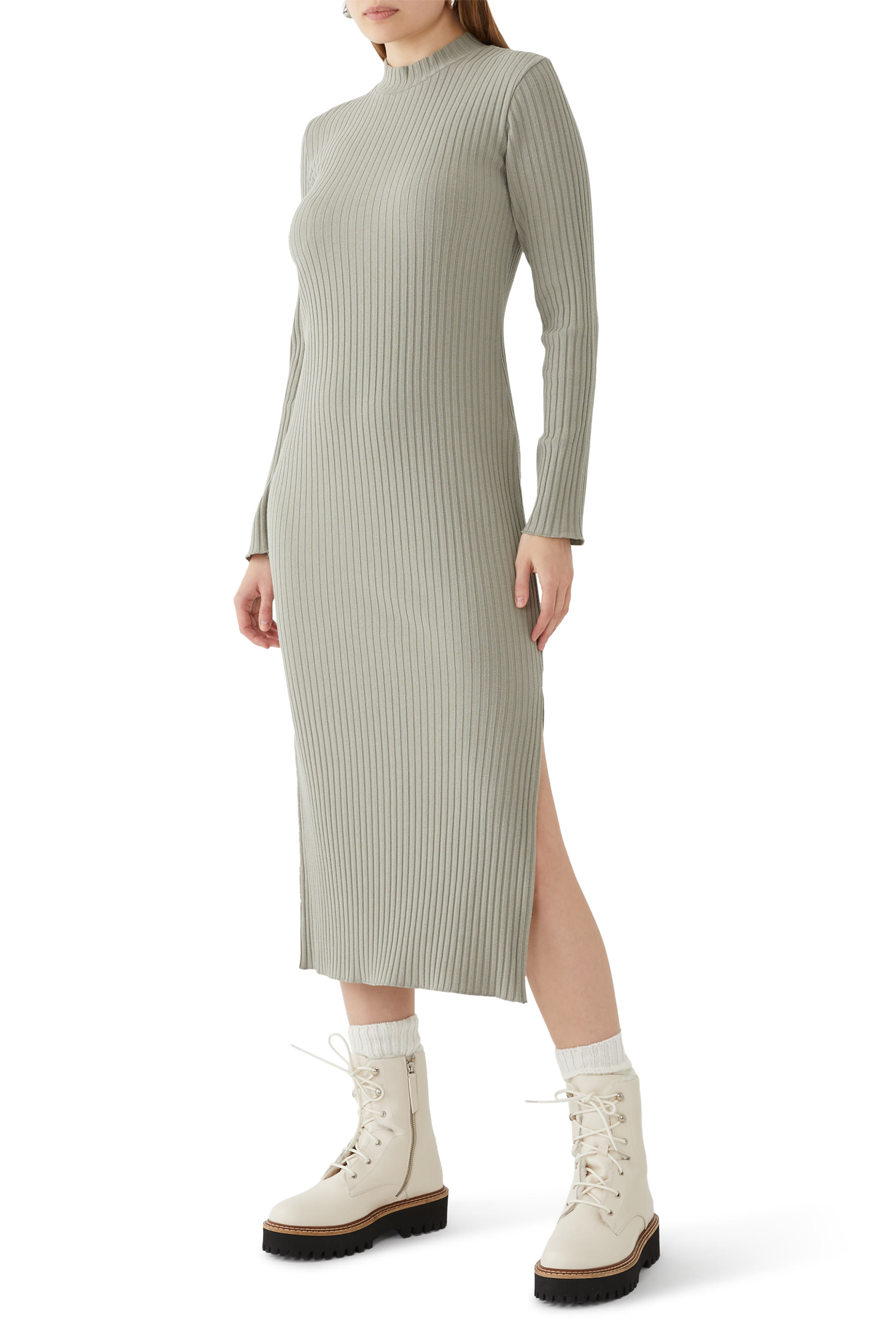 Ribbed Cotton-Blend High-Neck Dress