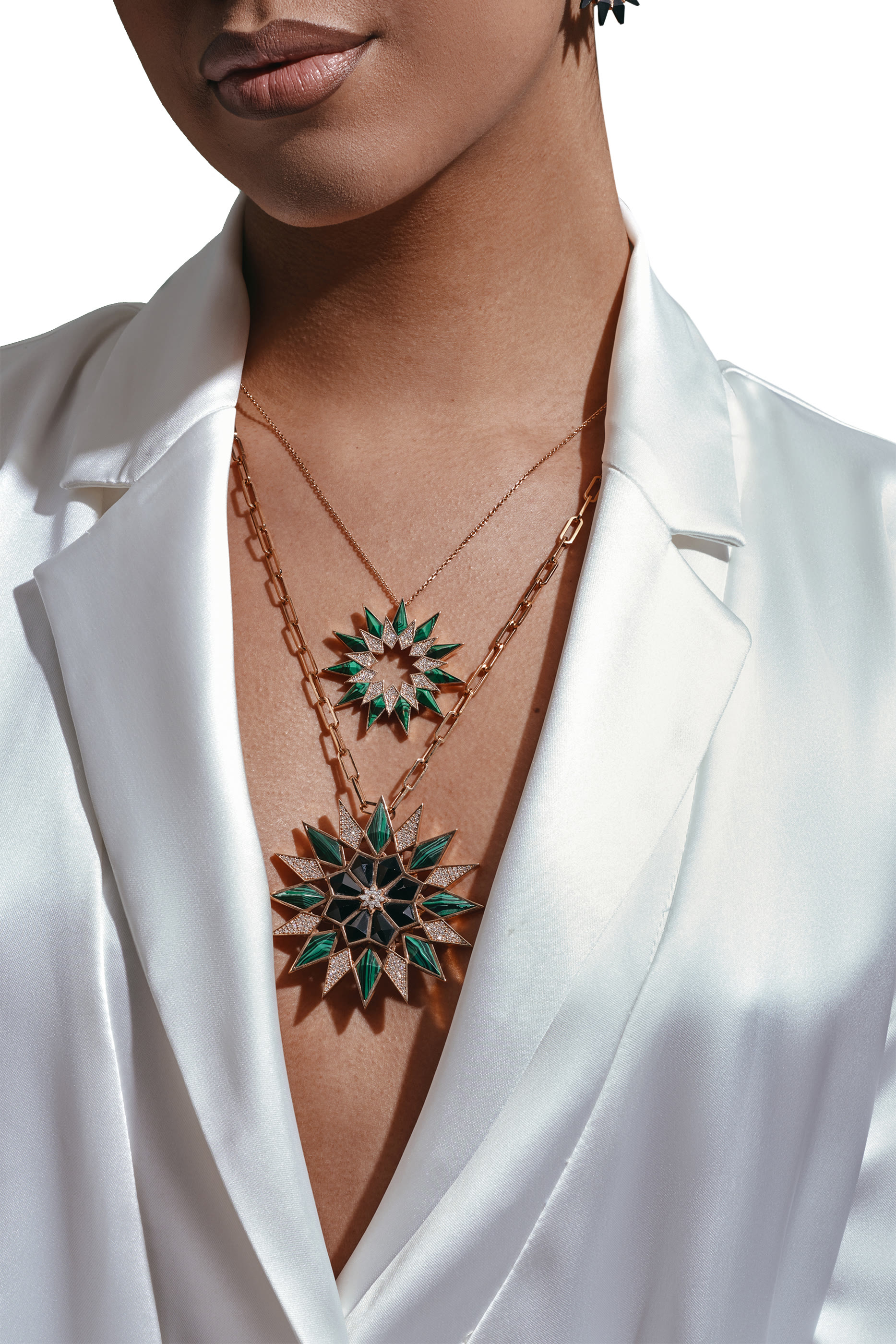 Nord Pendant, 18k Rose Gold with Malachite & Diamonds