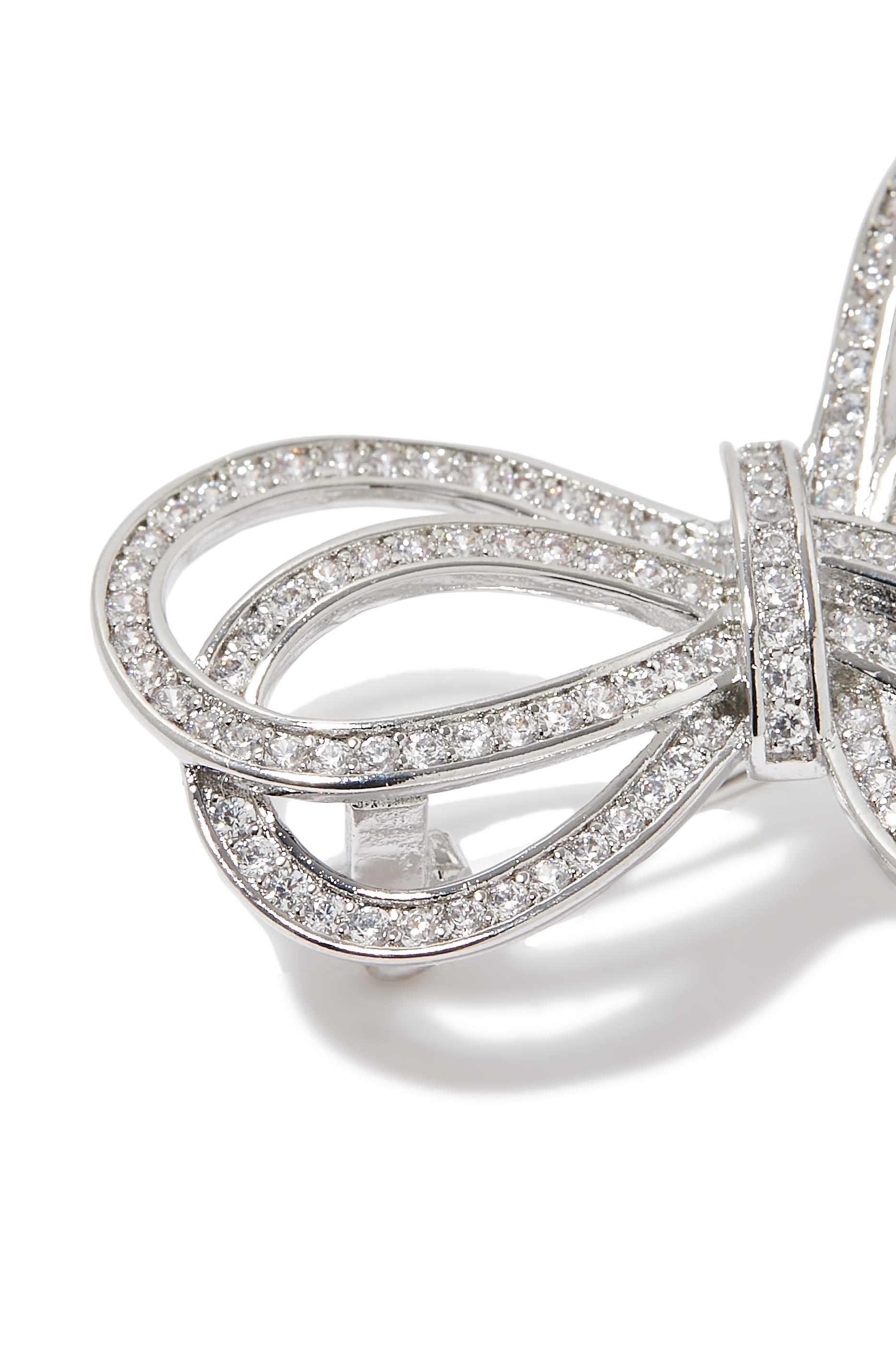 Pave CZ Double Bow Brooch, Rhodium-Plated Brass & Cubic Zirconia