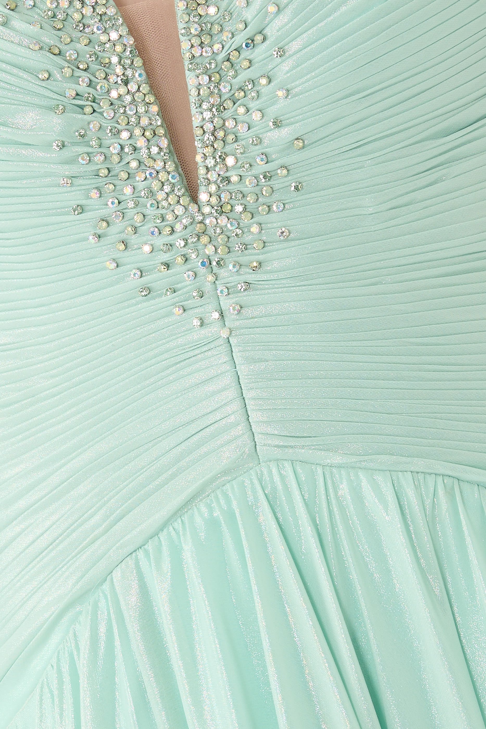  Strapless Shimmer Gown with Deep V Neckline