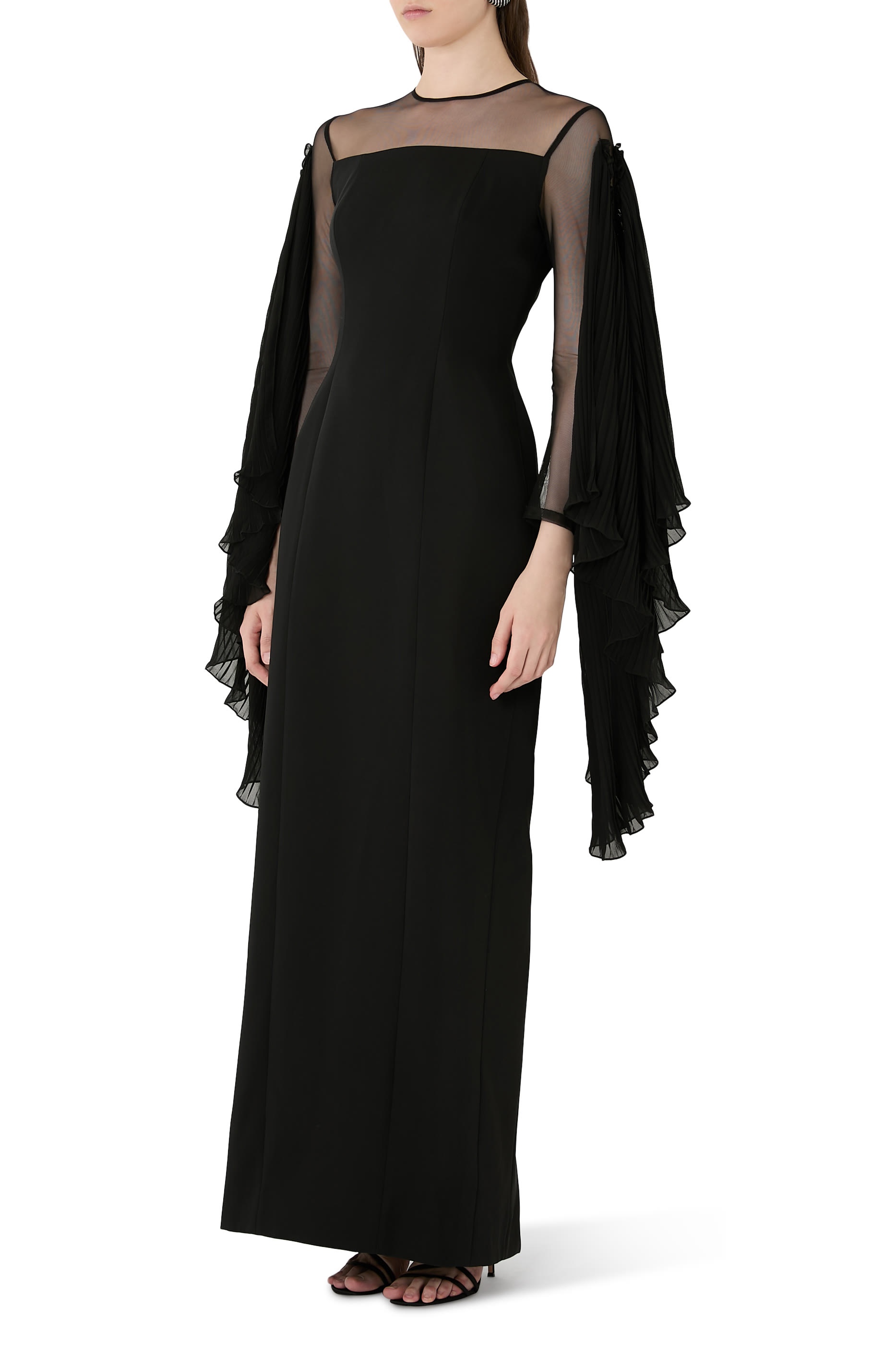 Long Sleeve Crepe Gown With Illusion & Pleated Chiffon Fringe Sleeve
