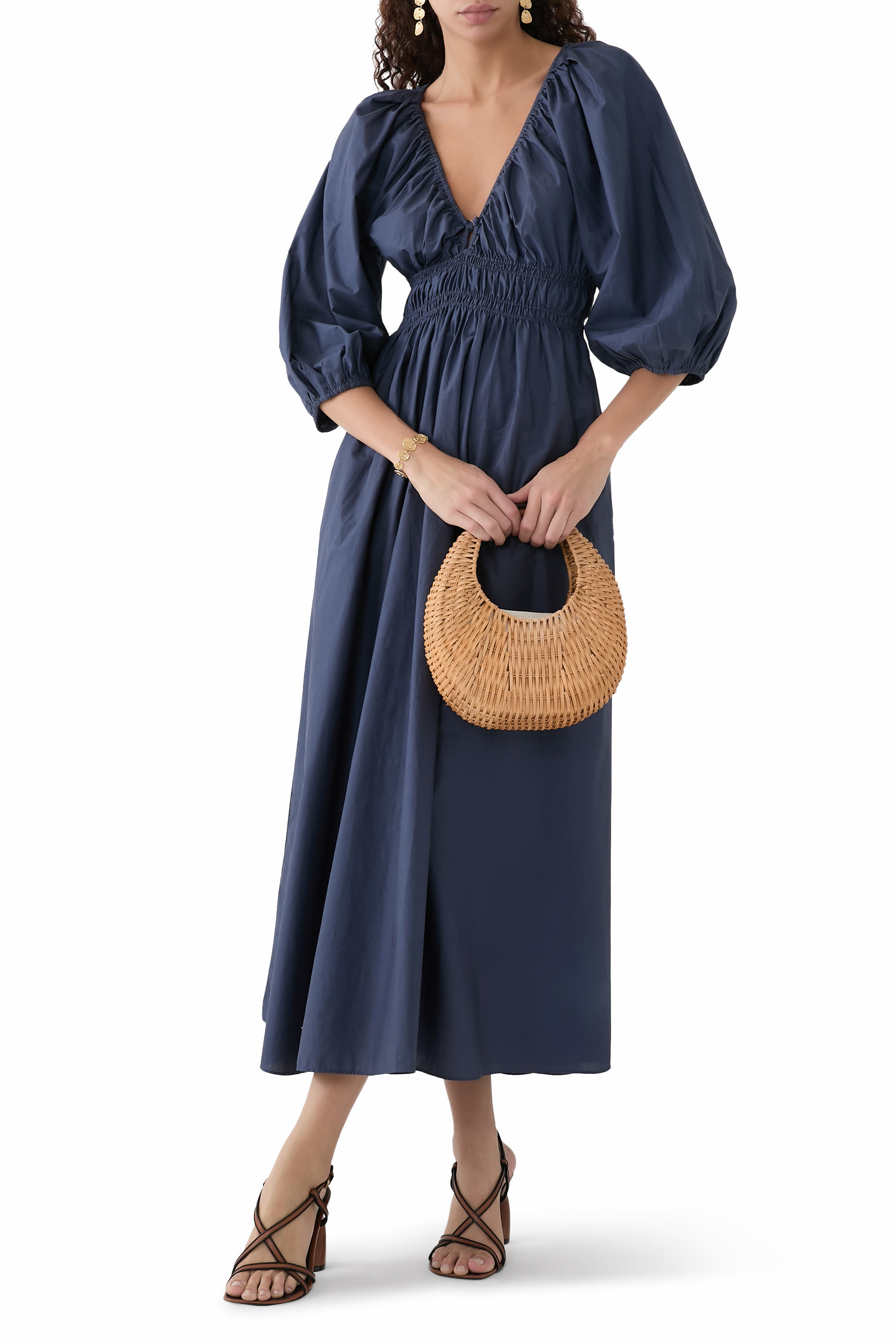 Shirred Plunge Button Dress