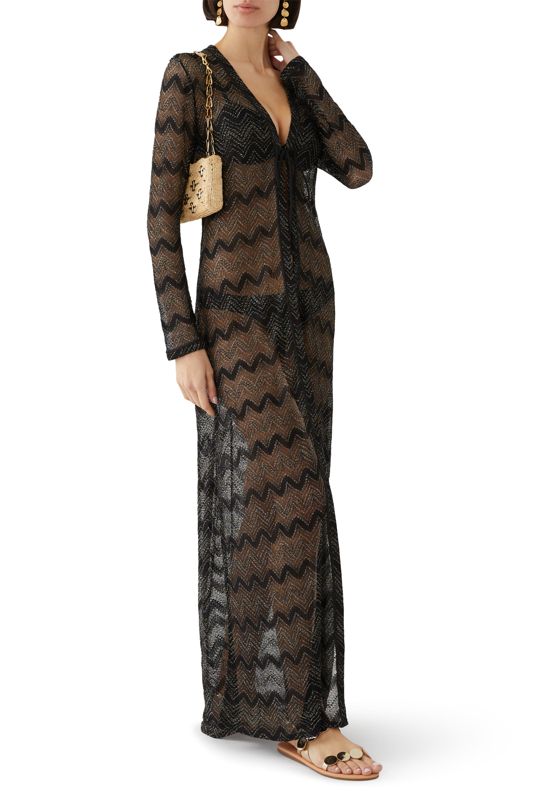 Mare Chevron Lace Raschel Long Sleeve Maxi Coverup