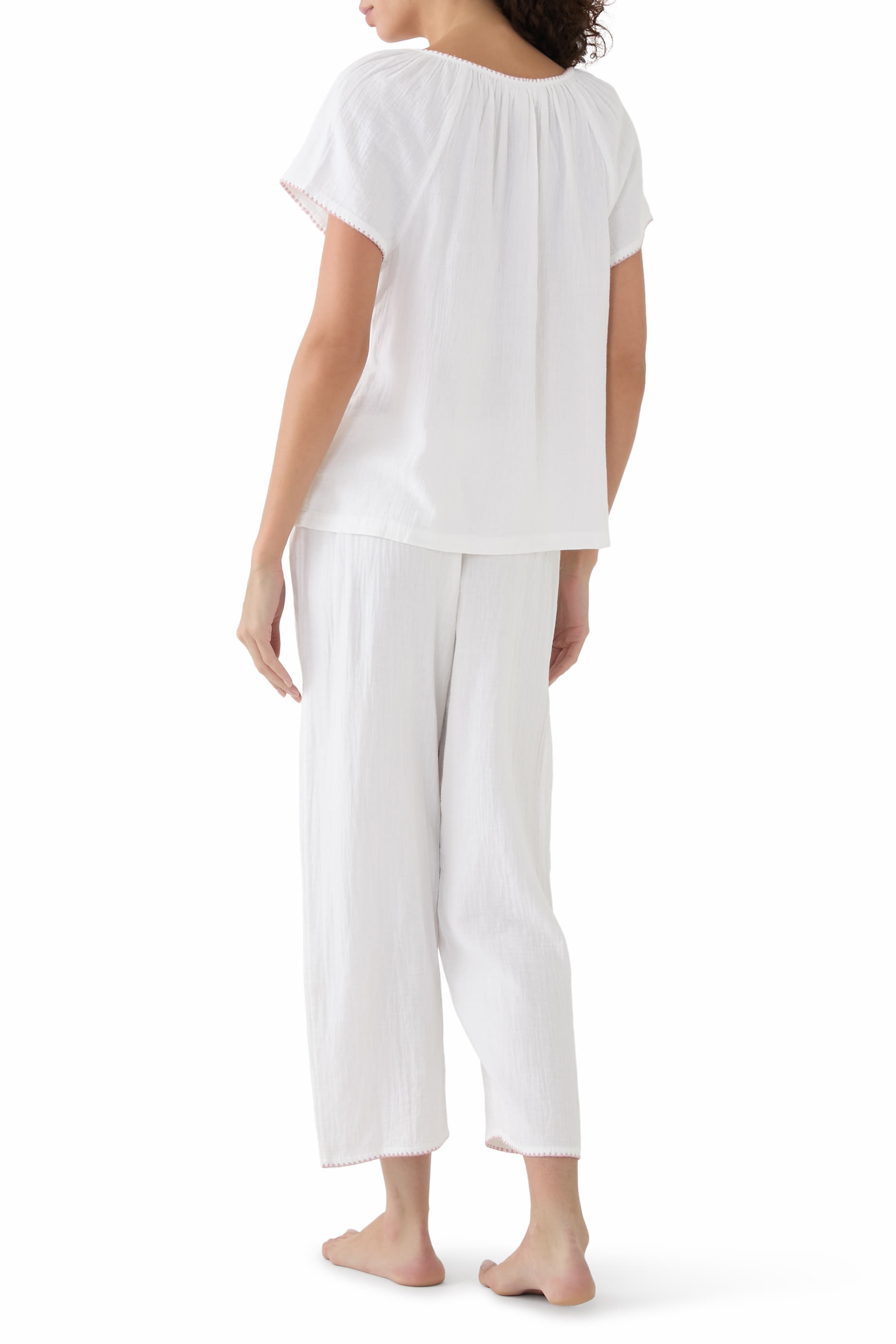 Blanket Stitch Boho Cropped Pajama Set Organic Double Cotton
