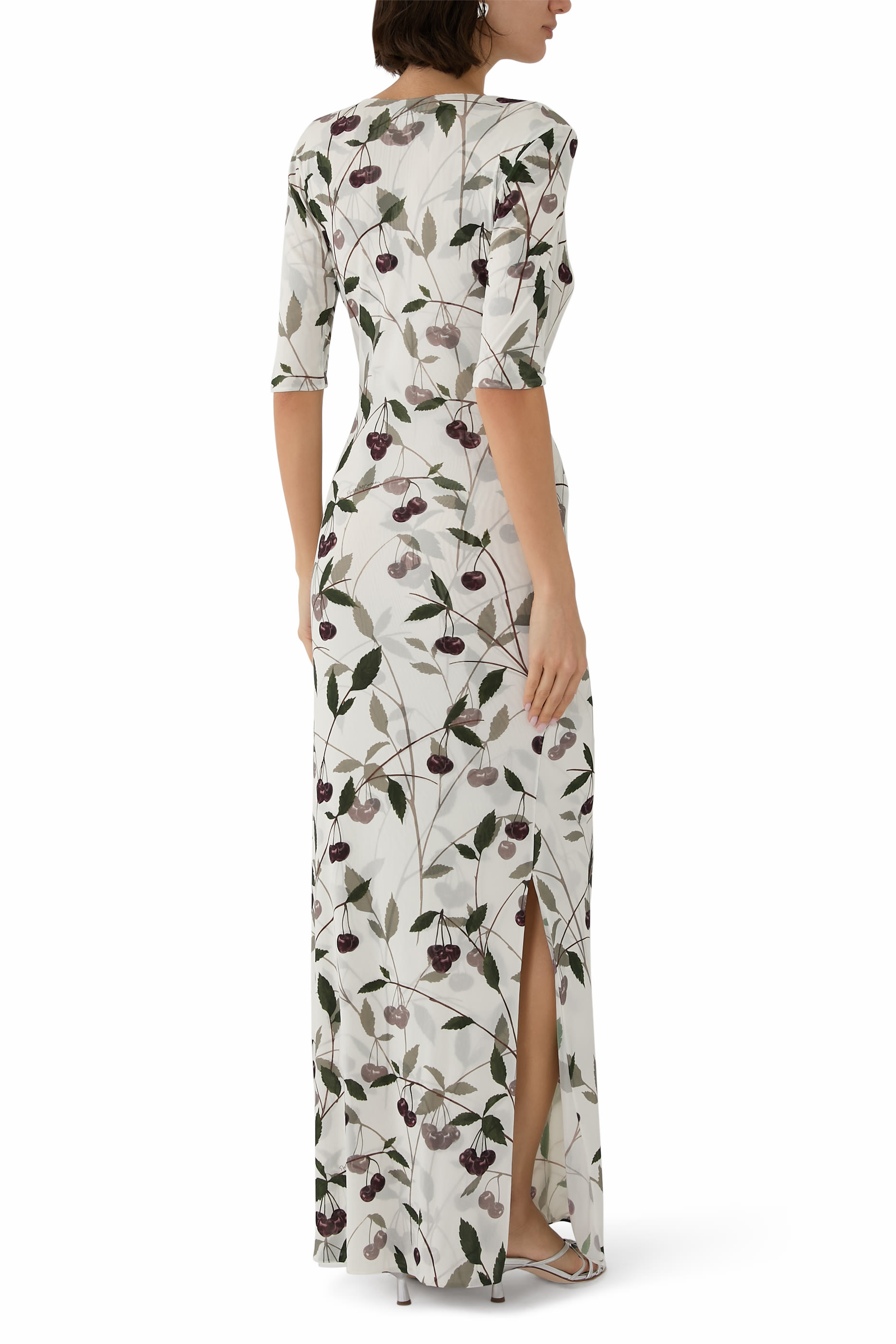 Cherry Print Mesh Half Sleeve Midi Dress