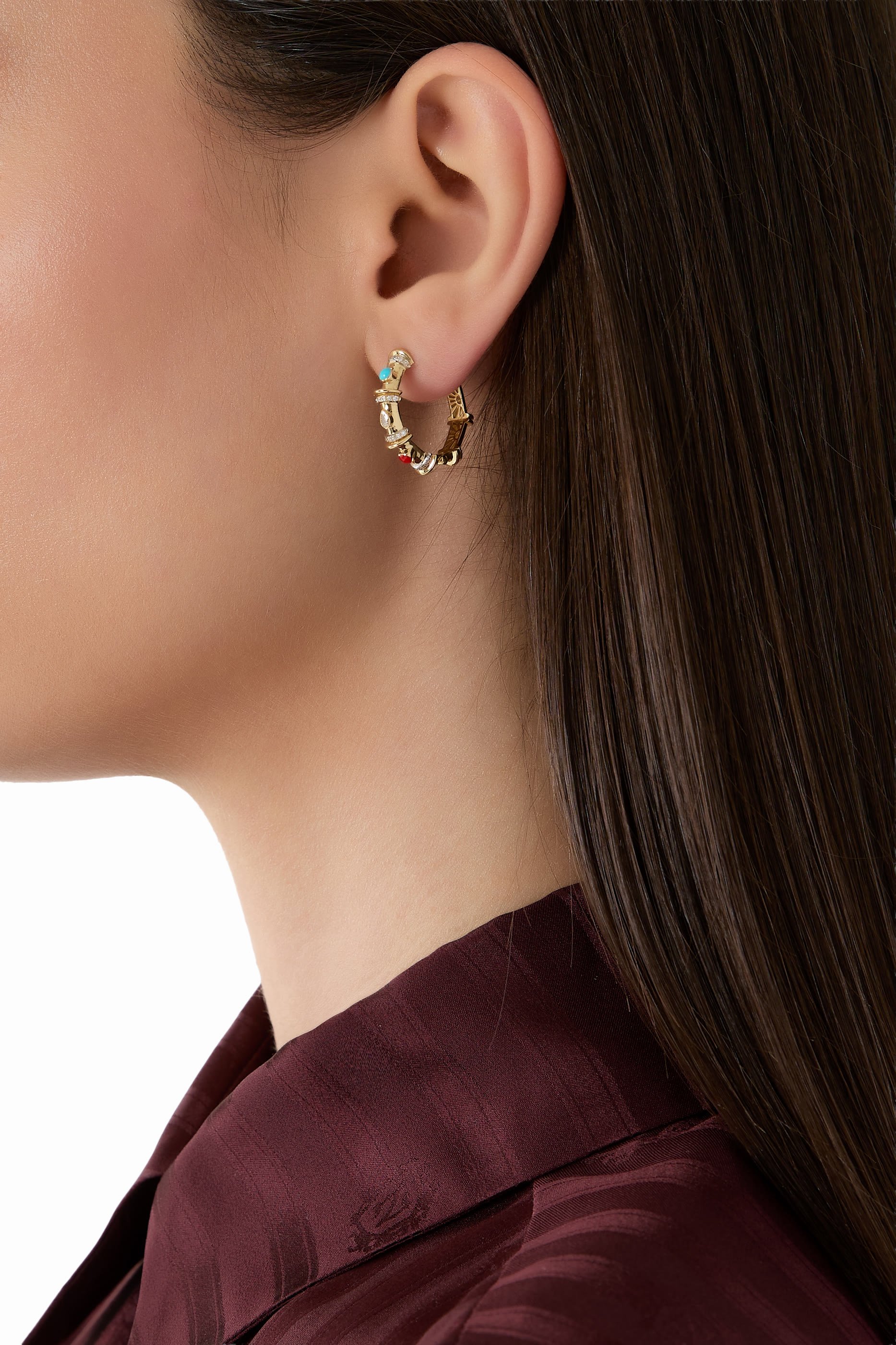 Milky Multicharm Hoops, 18K Yellow Gold, Diamonds, Red Coral & Turquoise