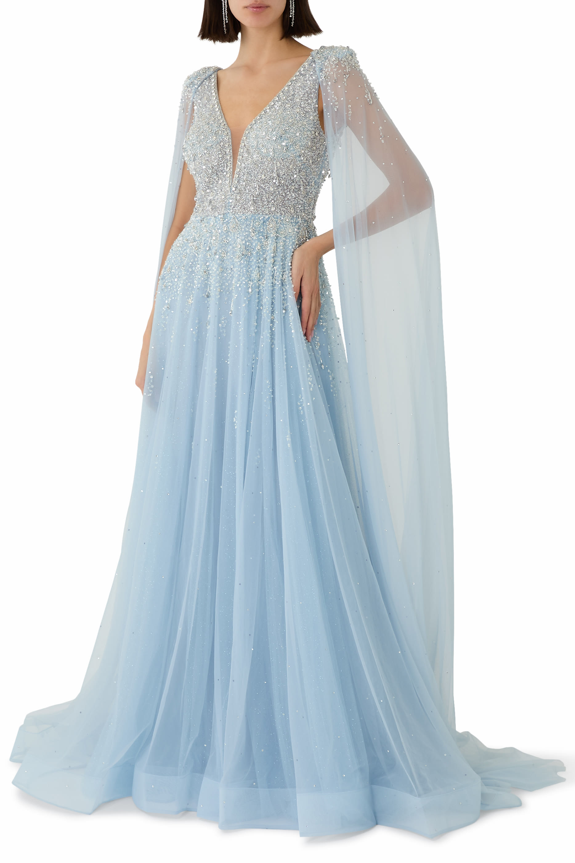 Sequin-Embellished Cape Gown