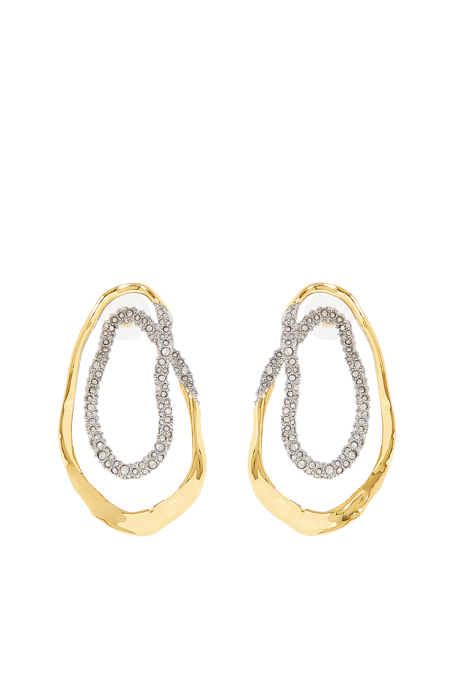Solanales Double Loop Post Earrings, 14k Gold-Plated Brass, Rhodium Tone-Plated Brass, Surgical Steel & Crystal