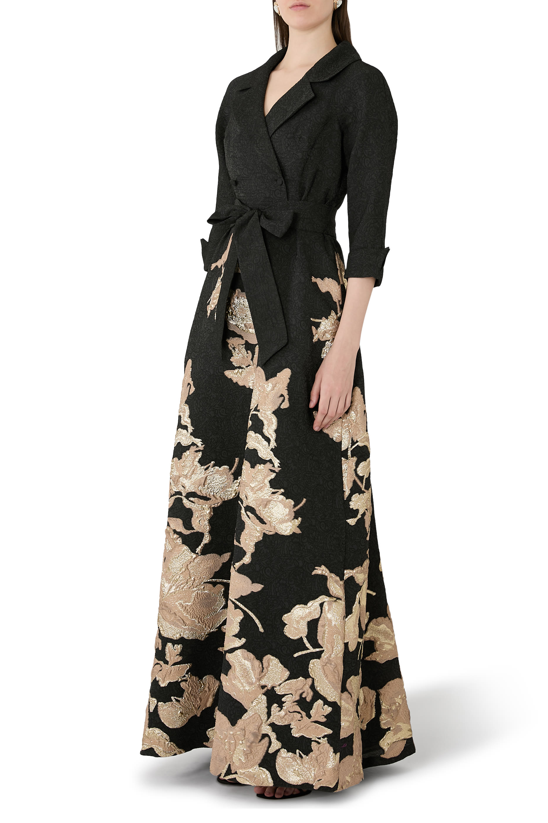 Metallic Jacquard Floral Shirtdress Gown