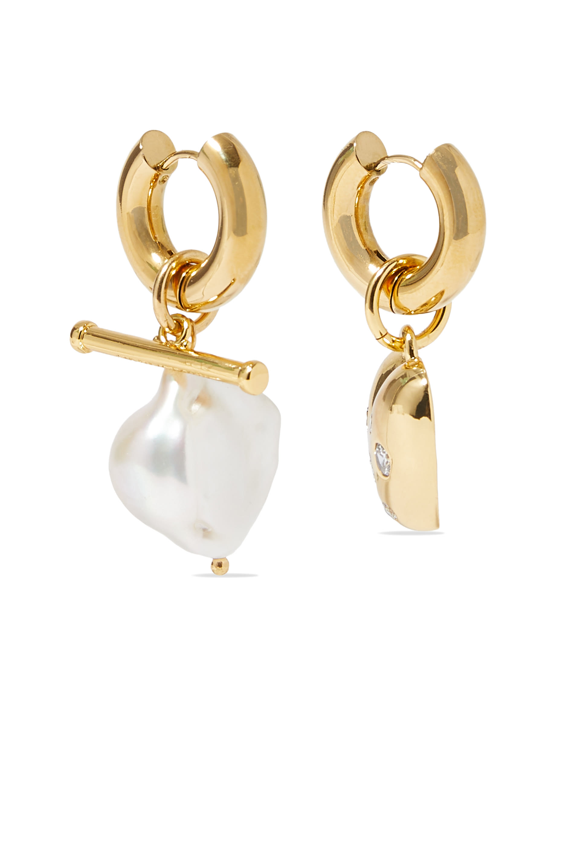 Heart and Pearl Earrings,  24k Gold-Plated Brass with Pearl & Crystals