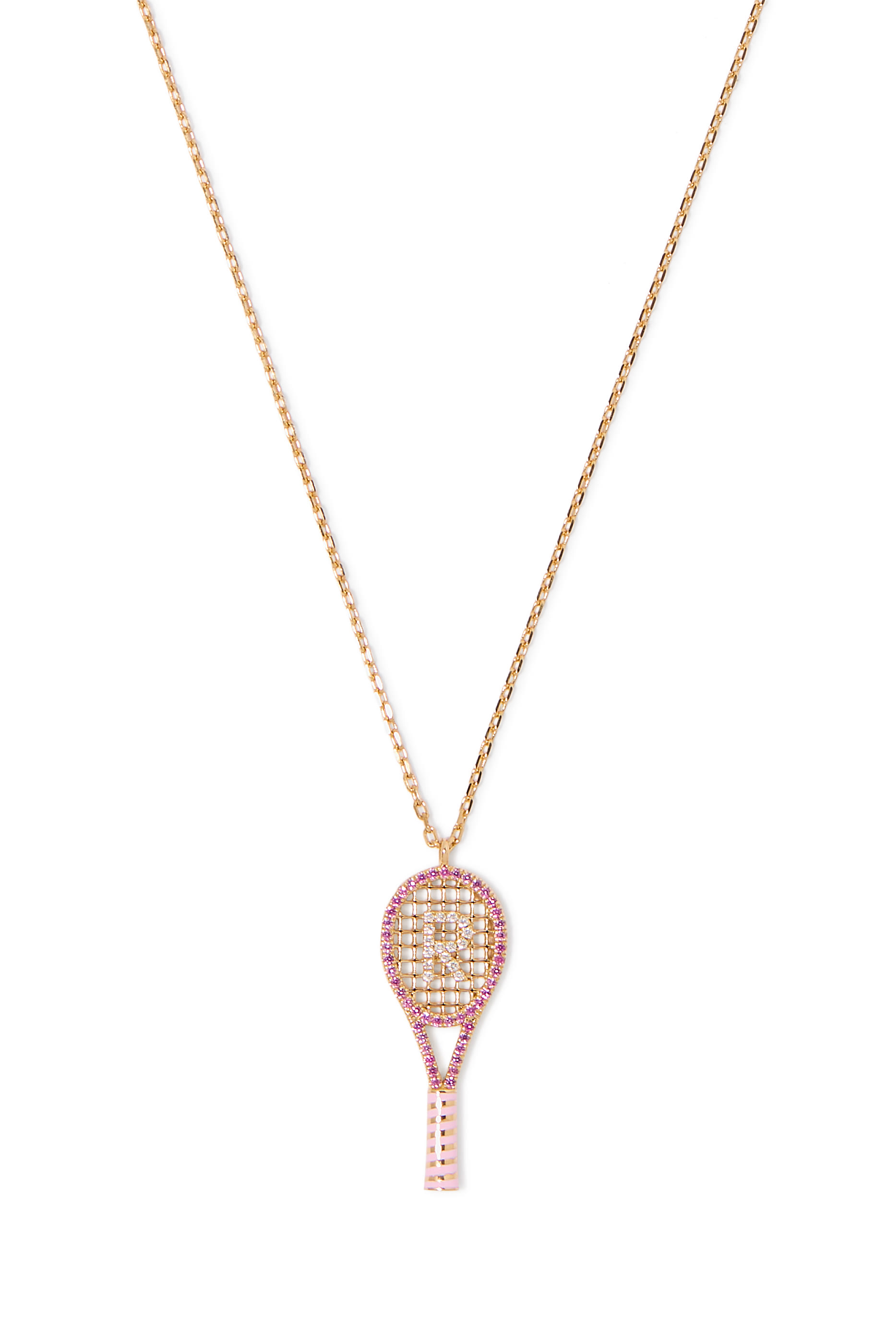 Letter 'R' Tennis Racket Necklace,  18k Yellow Gold with Diamonds & Sapphires