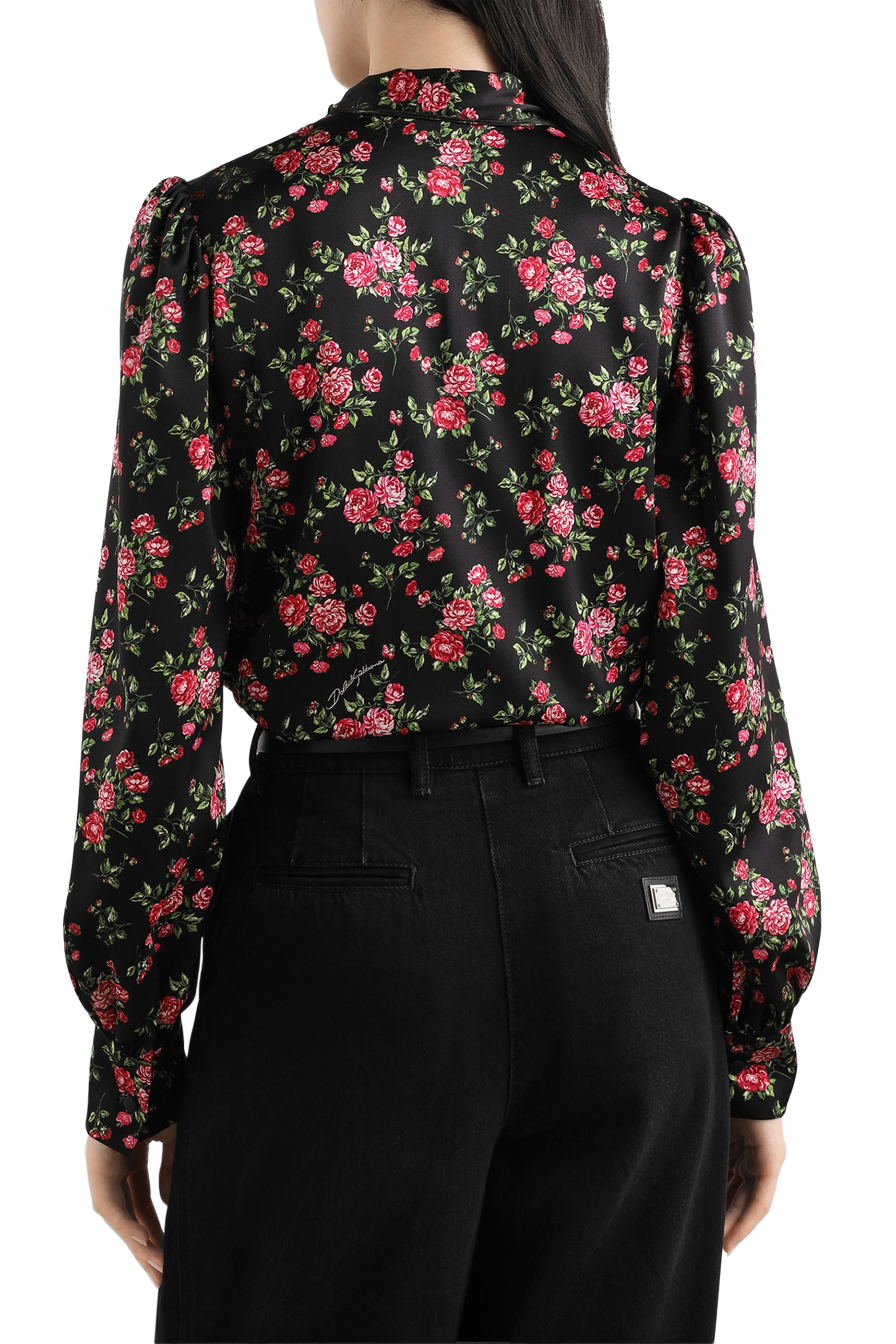 Small Rose Bouquet-Print Satin Shirt