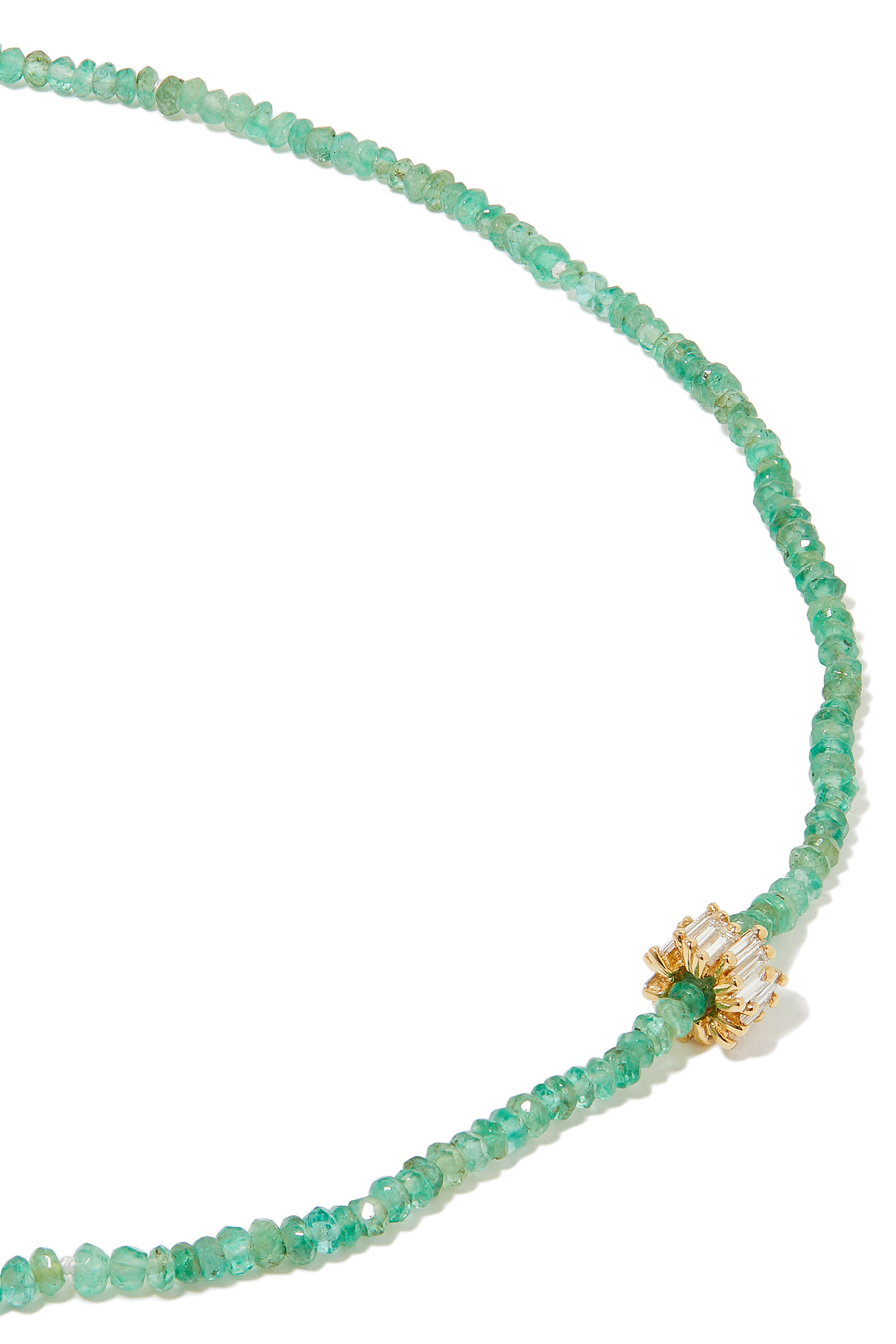 Baguette Beaded Necklace, 18k Yellow Gold with Emerald & Diamond