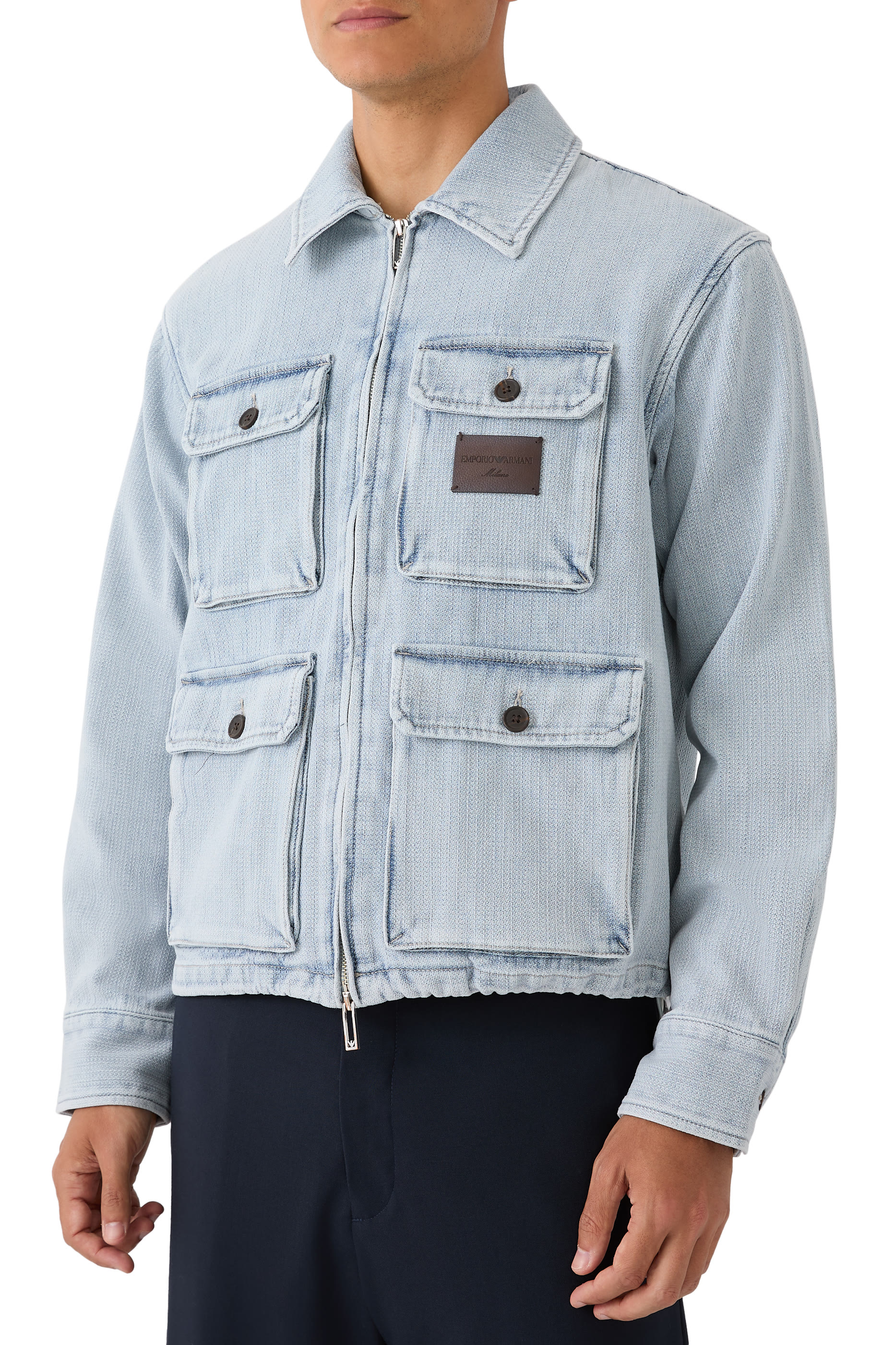 Multi-Pocket Denim-Effect Dobby Fabric Blouson