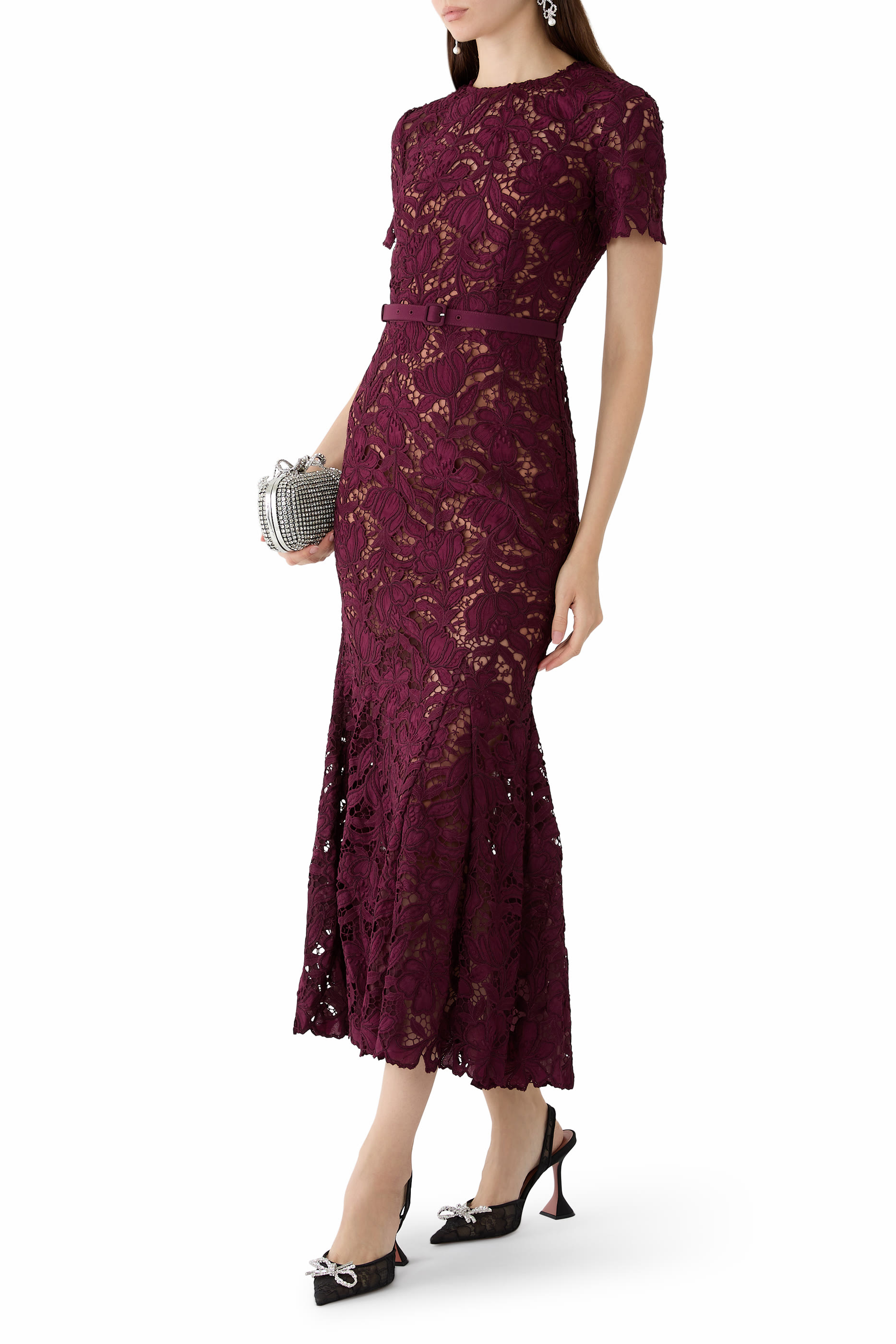 Belted Lace Midi Dress