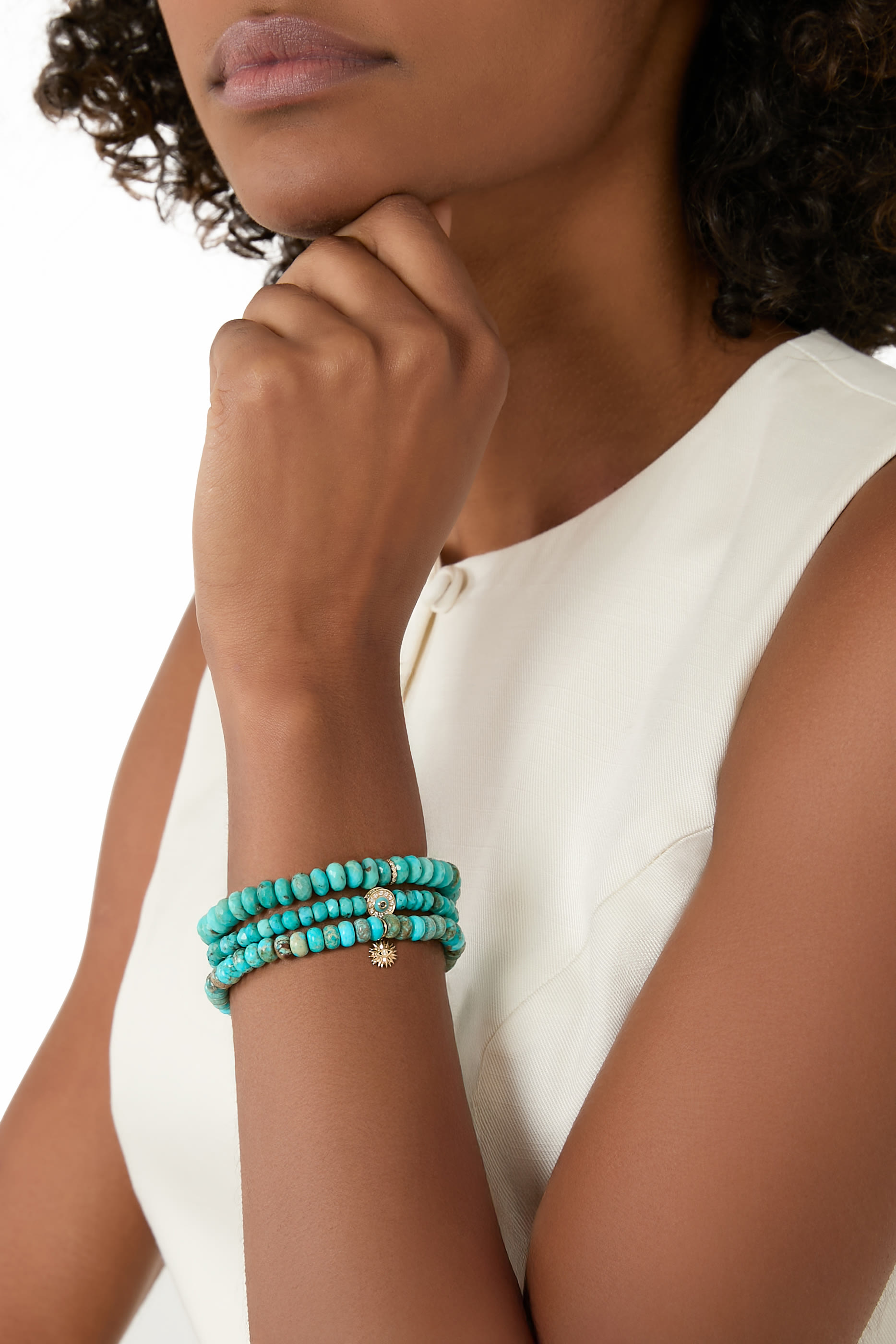 Rondelle Beaded Bracelet, 14K Yellow Gold with Diamonds & Turqoise Beads