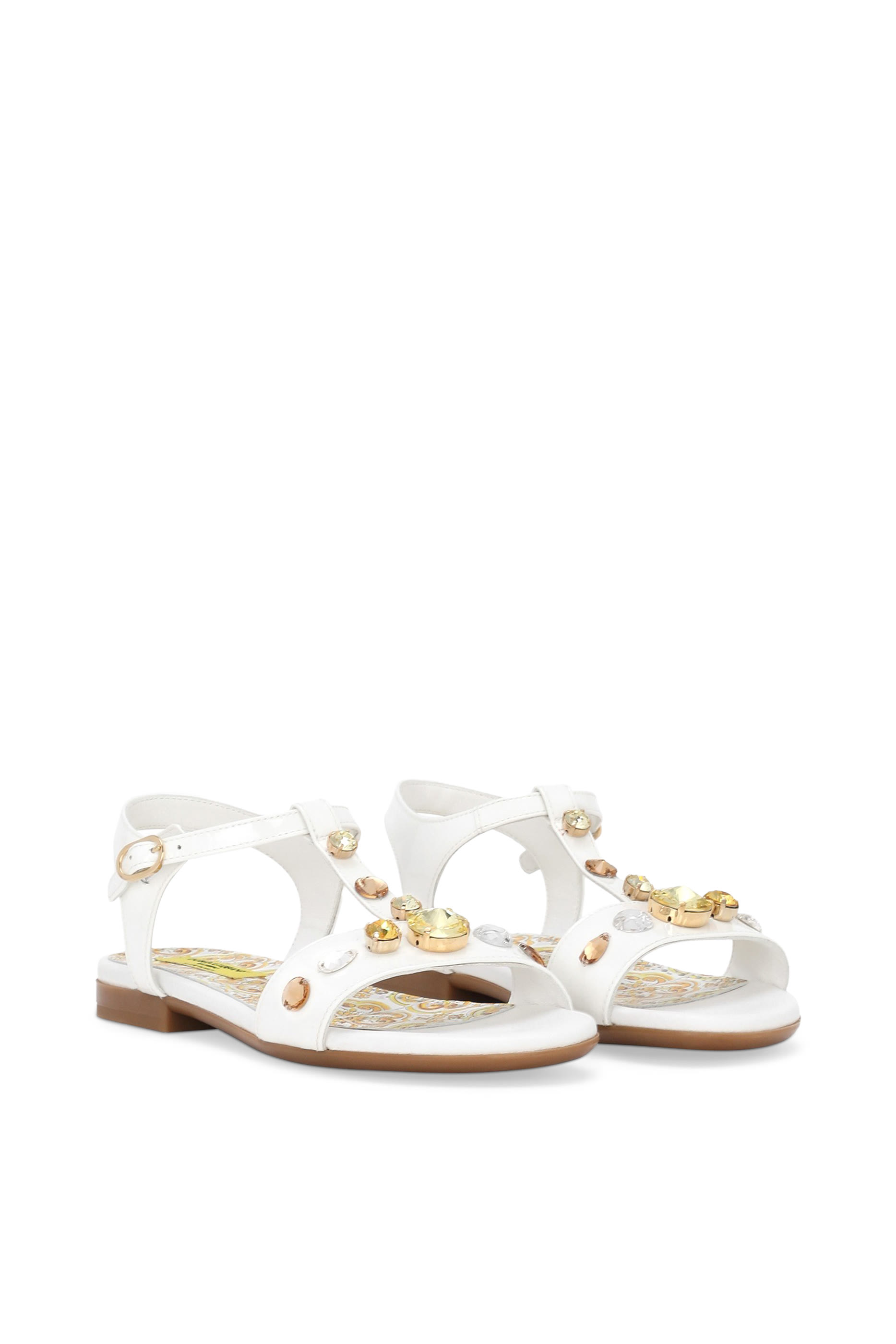 Kids Yellow Majolica Print and Swarovski Crystals Patent Leather Sandals